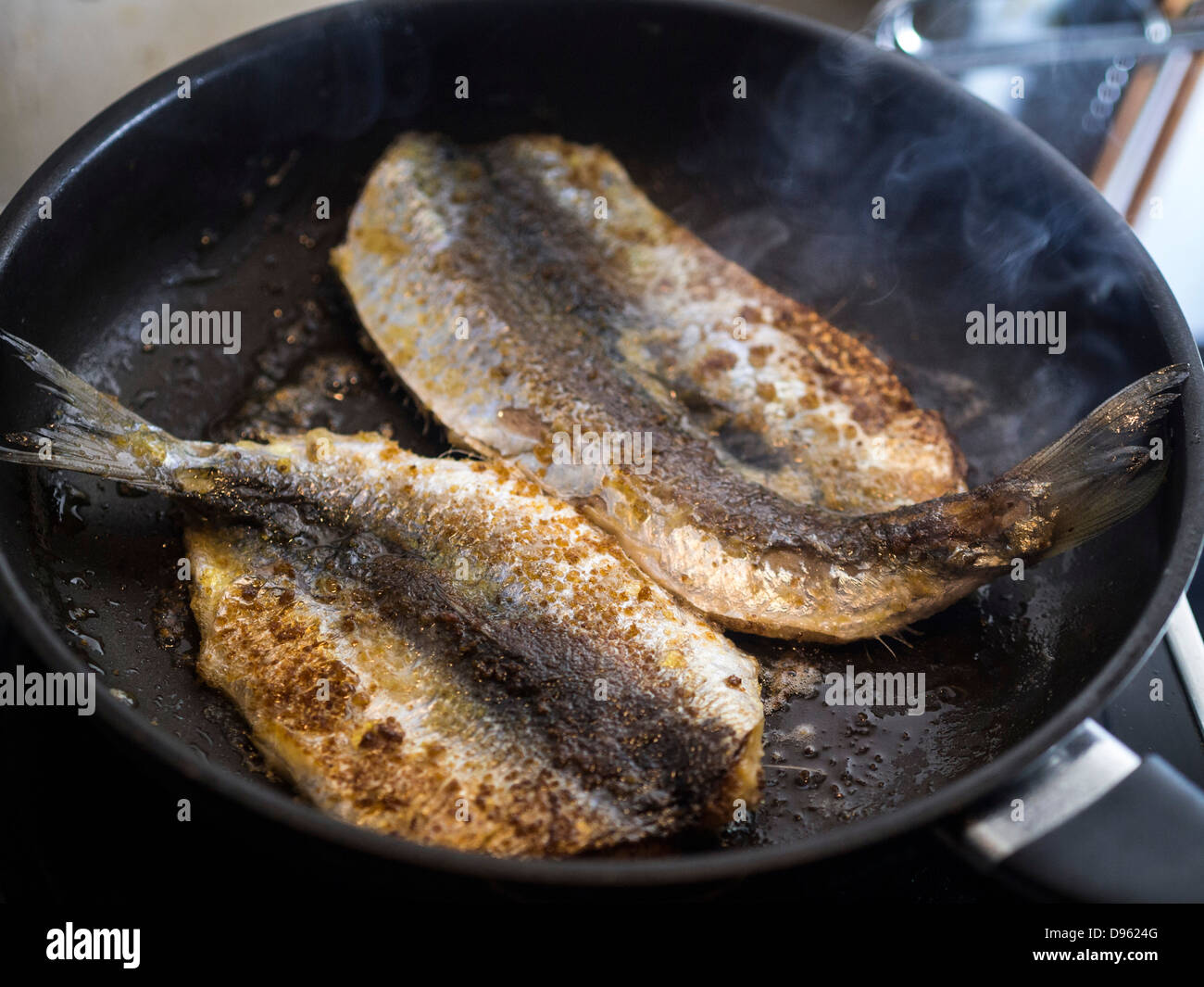 Heringe in frisch überzogen gemacht glutenfreie Semmelbrösel in Butter gebraten. Stockfoto