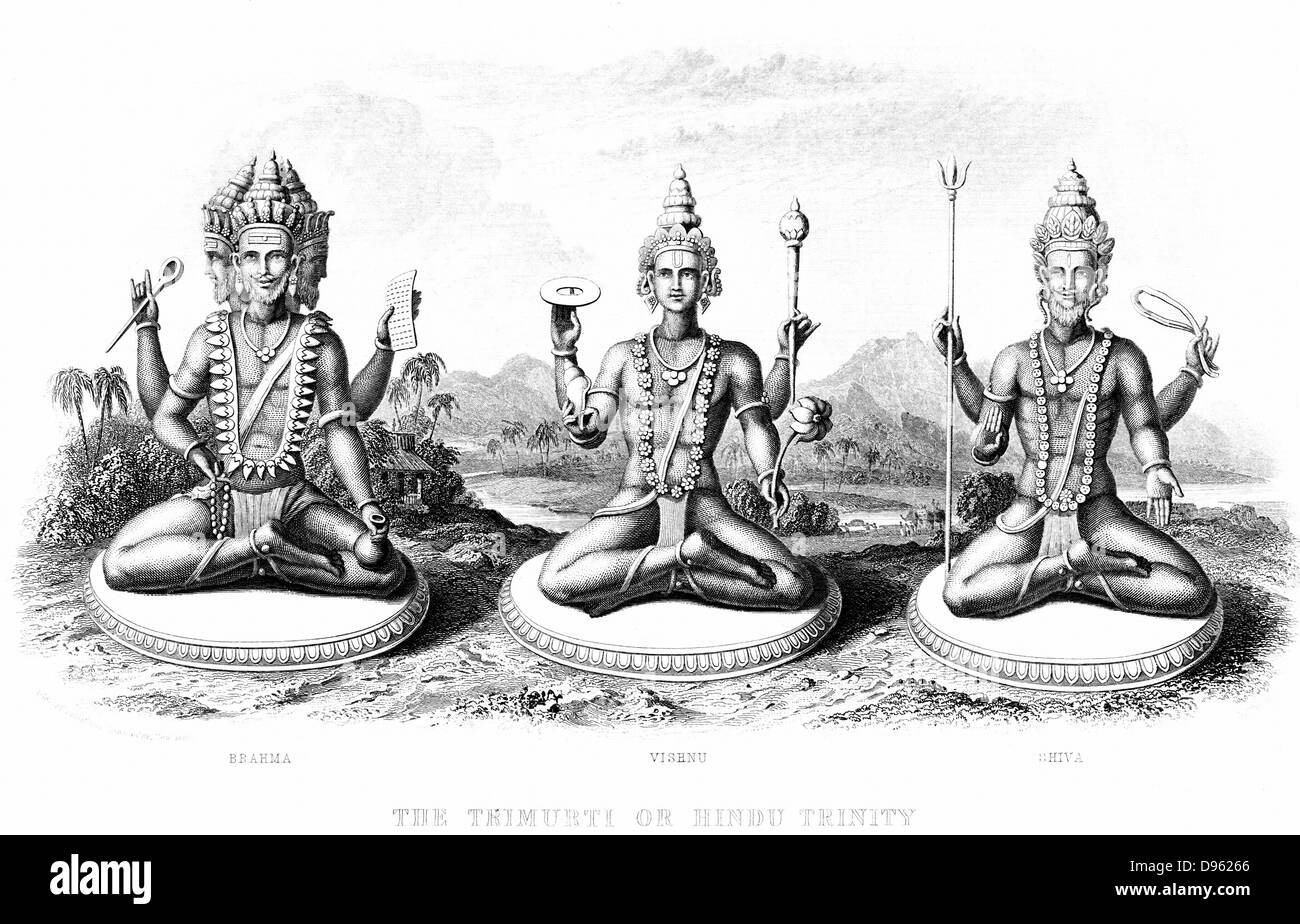 Die hinduistischen Trinität (Trimurti): links nach rechts; Brahma, Vishnu und Shiva. Kupferstich um 1880. Stockfoto