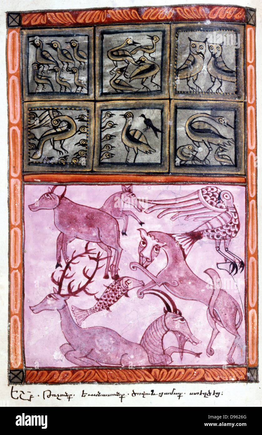 Erschaffung der Tiere. Bibel: Genesis. Alten Testament.  Von armenischen Evangelistery, 1587, Manuskript. Stockfoto