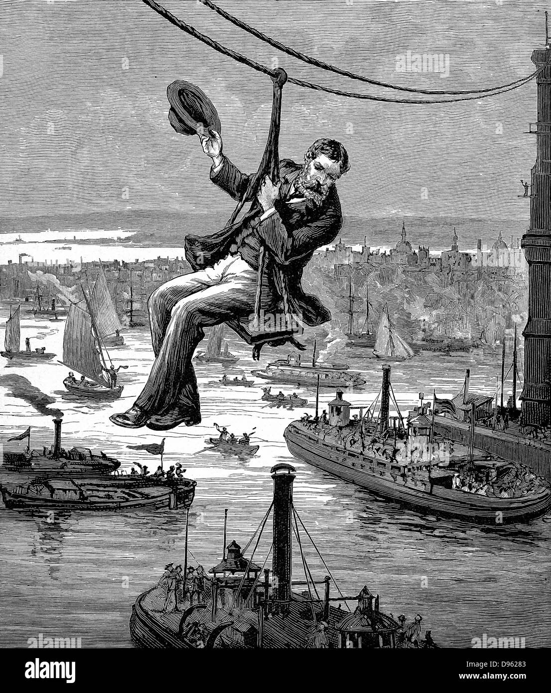 Brooklyn Suspension Bridge, New York, eröffnet 1883: EF Farrington, Kfz-meister, Prüfung der erste Span der Kabel. Brücke entworfen und von JA Roebling und sein Sohn WA Roebling gebaut. Holzstich c 1900. Stockfoto