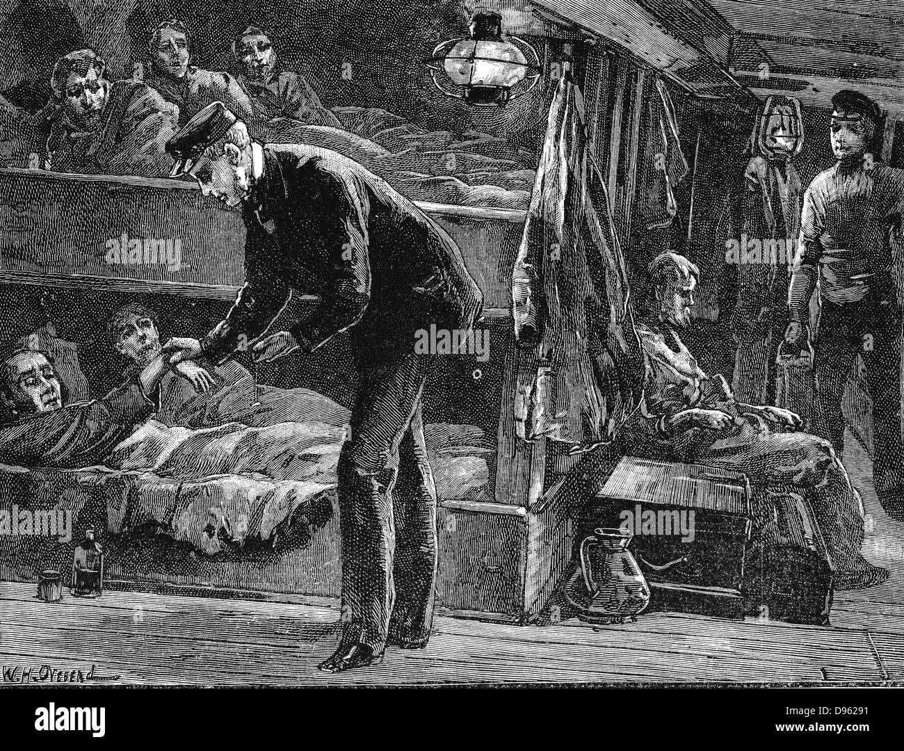 Am Puls eines kranken Irische Auswanderer an Bord für Nordamerika während der Hungersnot der 1840er Jahre gebunden. Holzstich c 1890. Stockfoto