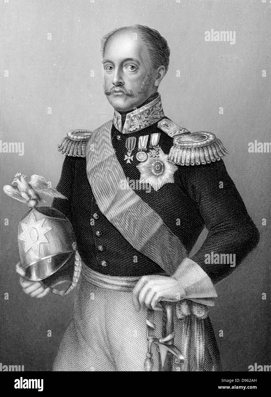 Nikolaus I. (1796-1855) Zar von Russland aus dem Jahr 1825: In Uniform, Helm bekrönt mit kaiserlichen Doppeladler. Gravur c 1860. Stockfoto
