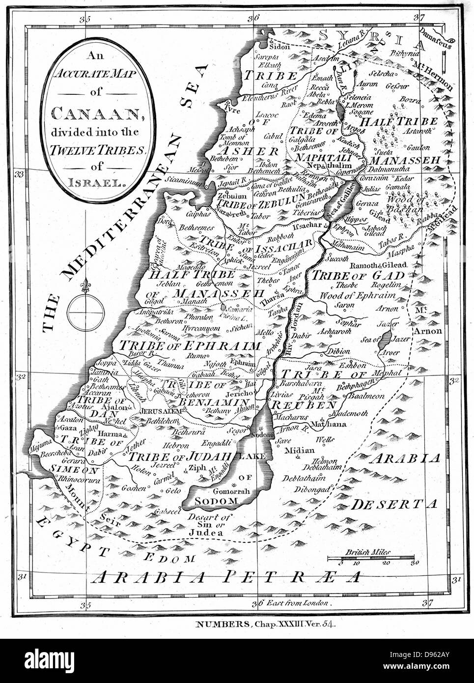 Karte von Kanaan gliedert sich in die Gebiete der zwölf Stämme Israels, wie in der "Bibel", Zahlen 23 beschrieben: 54. Gravur c 1830. Stockfoto