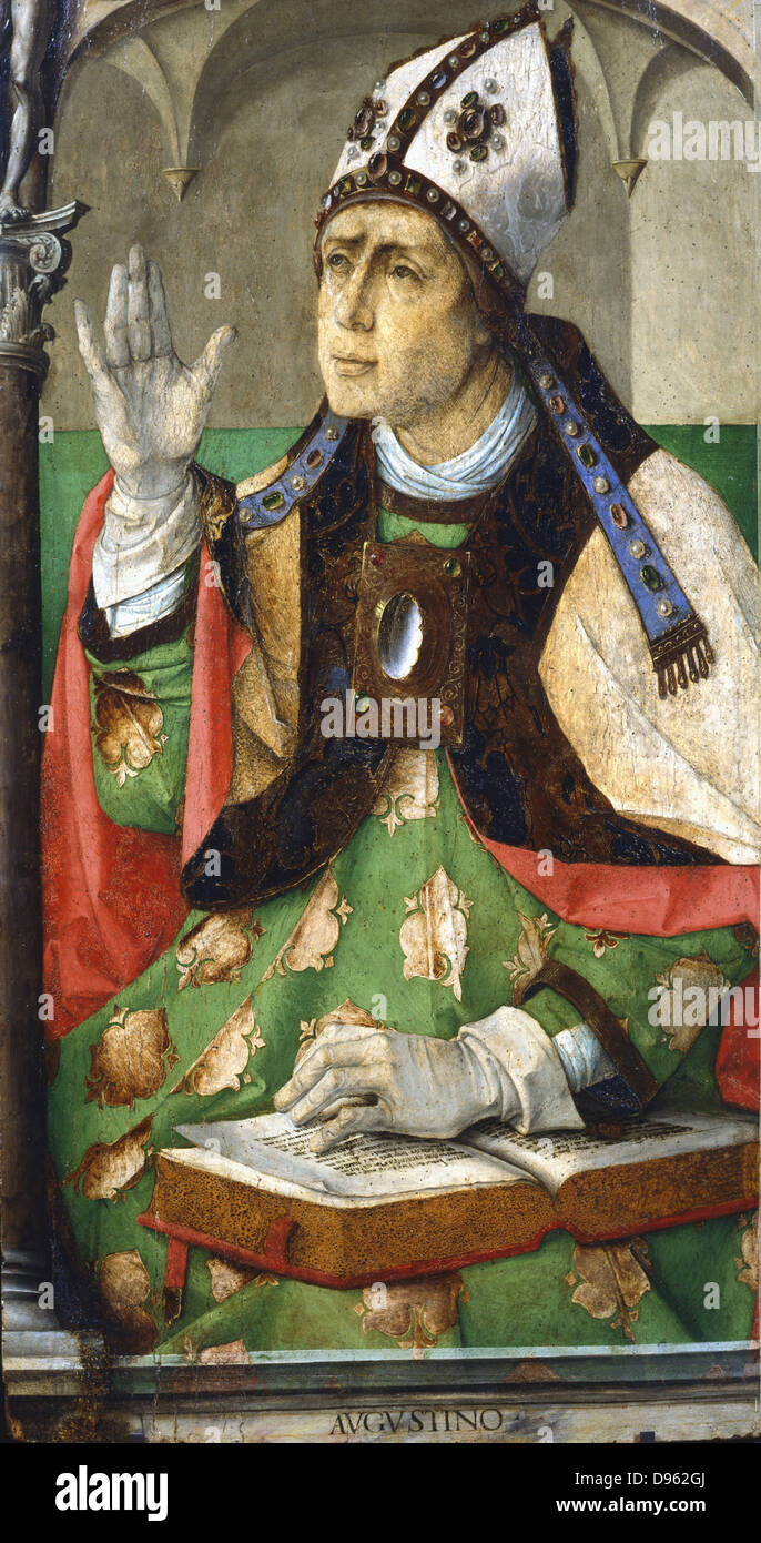 Der hl. Augustinus (354-430), einer der großen Väter der frühen christlichen Kirche. In Numidien (Tunesien) geboren, wurde er Bischof von Hippo. Juste de Gand (Aktive 1460-1475 in Urbino). Öl auf Holz. Louvre, Paris. Stockfoto