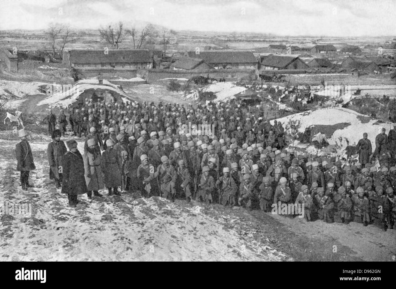Russo-Japanischen Krieg 1904-1905: Kosaken des Krasnogarsk Regiments, gebohrt wird. Stockfoto