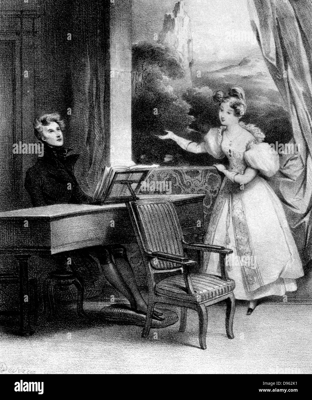 Pianisten am Klavier. 19. Jahrhundert-Lithographie Stockfoto