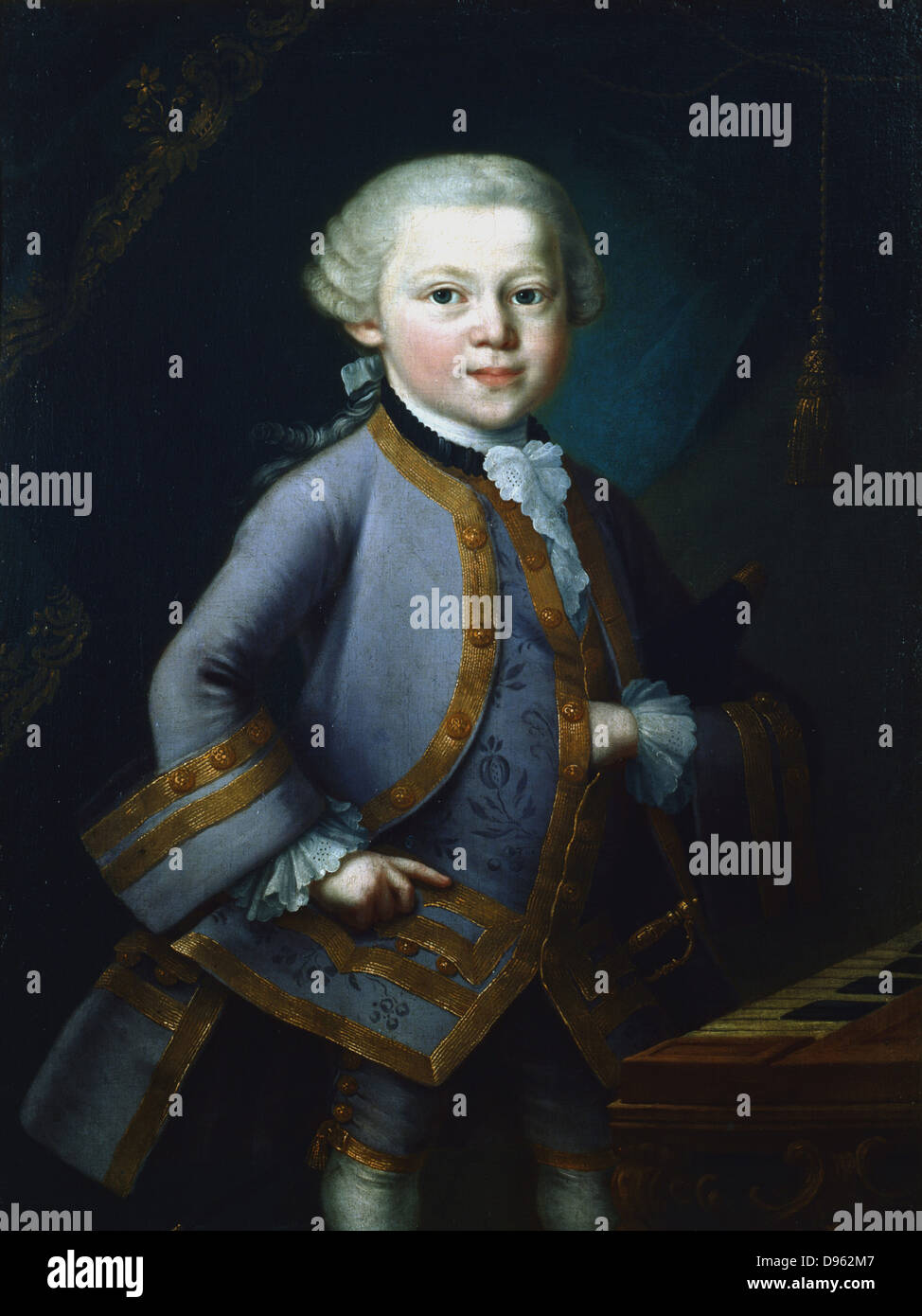 Wolfgang Amadeus Mozart (1756-1791), österreichischer Komponist. Mozart im Alter von 7, in Gala Kleid, stehend mit der Tastatur. Anonym. Universität Mozarteum, Salzburg. Stockfoto