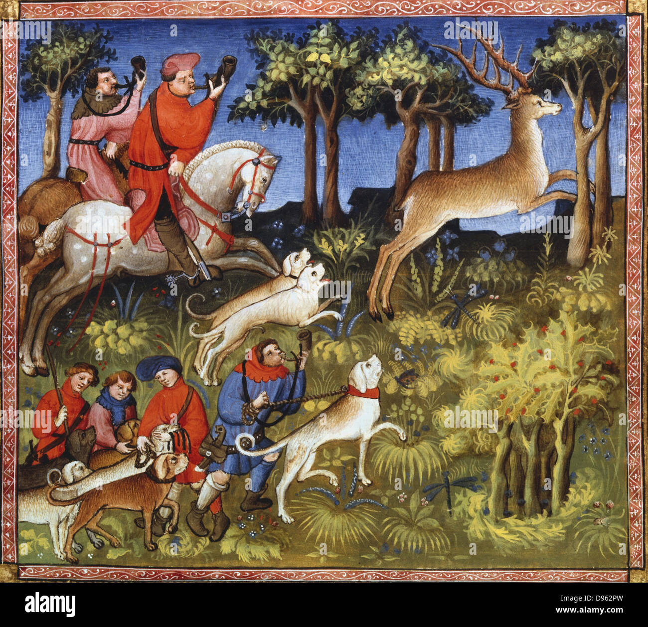 Die rotwildjagd von 'Le Livre de la Chasse" (Buch der Jagd) von Gaston III Phoebus (1331-1391), Comte de Foix. Manuskript aus dem 15. Jahrhundert. Bibliotheque Nationale, Paris. Stockfoto