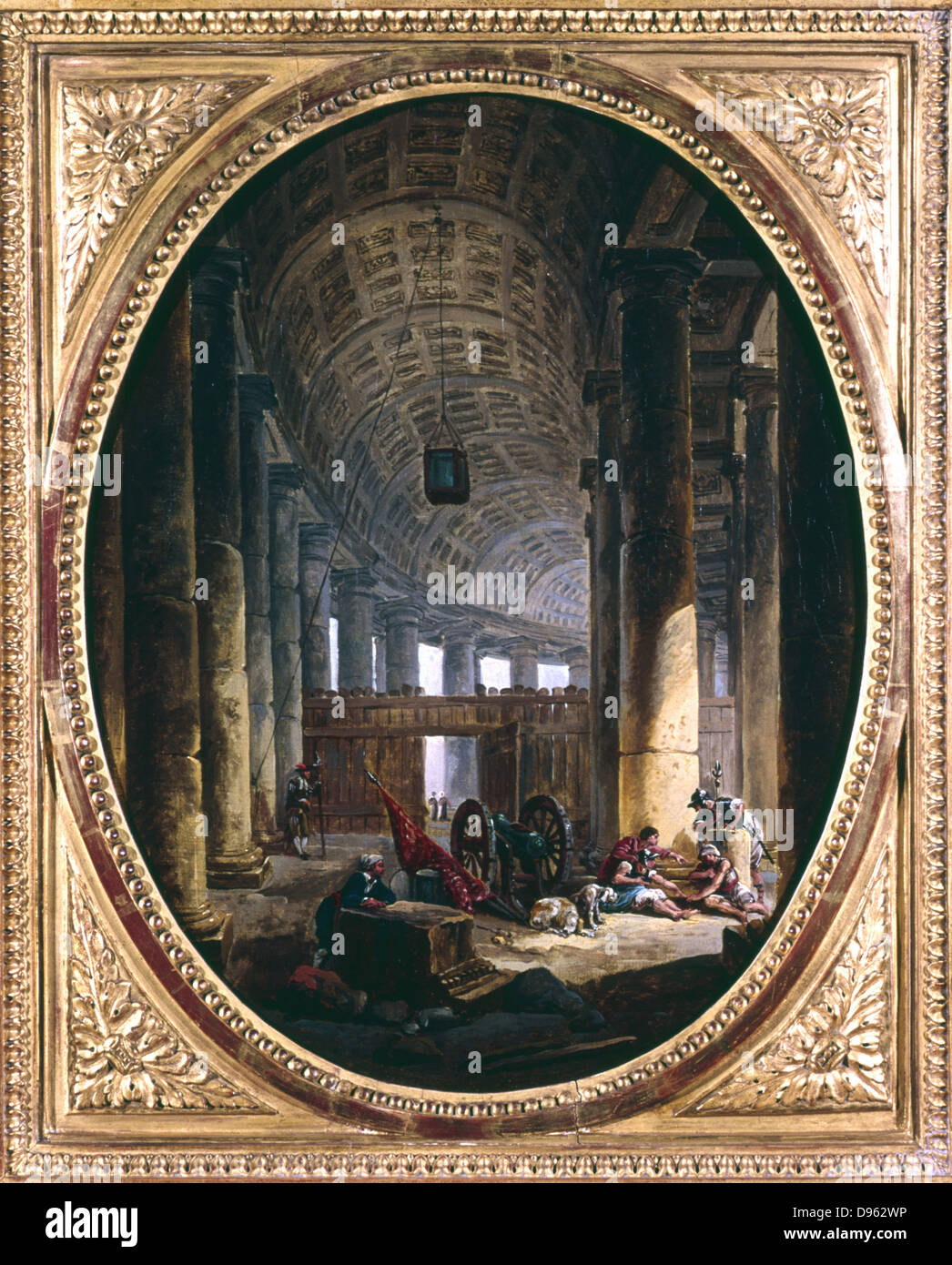 Innenansicht der Kolonnade von St. Peter, Rom, zu der Zeit des Konklave von 1769. Entworfen von Giovanni Bernini (1598-1680). Gemälde von Hubert Robert (1733-1808). Stockfoto