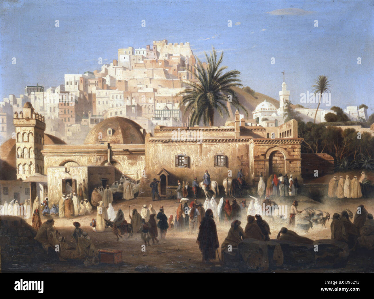 Bin osque von El Mecolla, Algier'. Die Moschee ciewed von der geschäftigen Straße. Antoine Victor Edmond Joinville (1801-1849), französischer Maler. Private Sammlung. Stockfoto