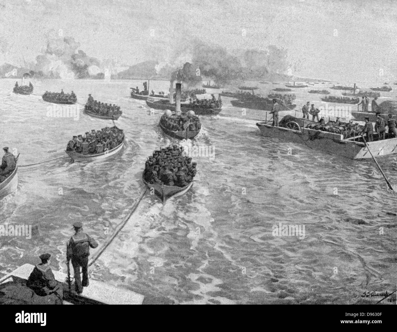 Russo-Japanischen Krieg 1904-1905: japanische Marine Brigade Landung unter russischen Feuer am Pitsewo. Stockfoto