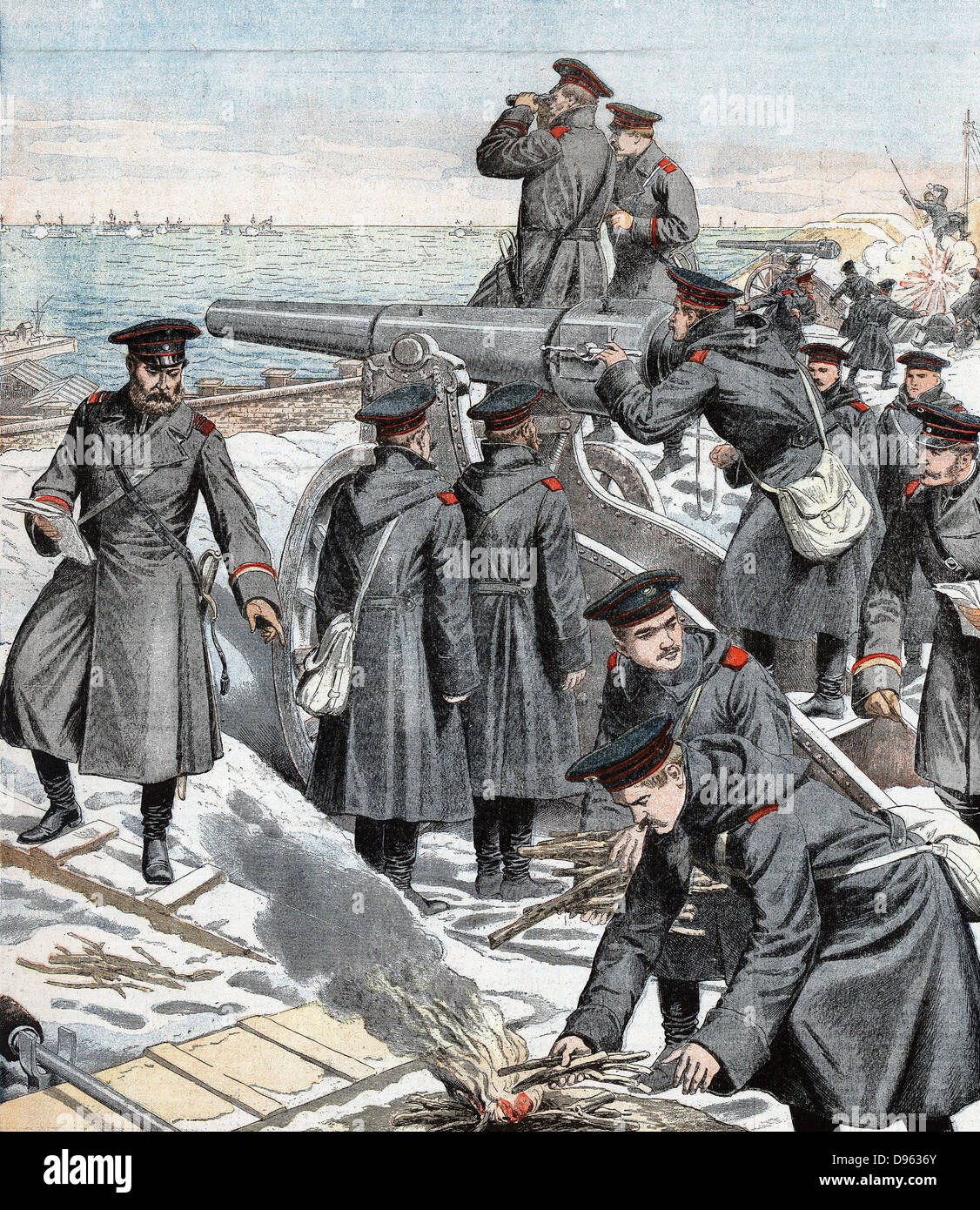 Russo-Japanischen Krieg 1904-1905: Russische Artillerie-Batterie, die Verteidigung von Port Arthur. Von "Le Petit Journal", Paris, 27. März 1904. Stockfoto