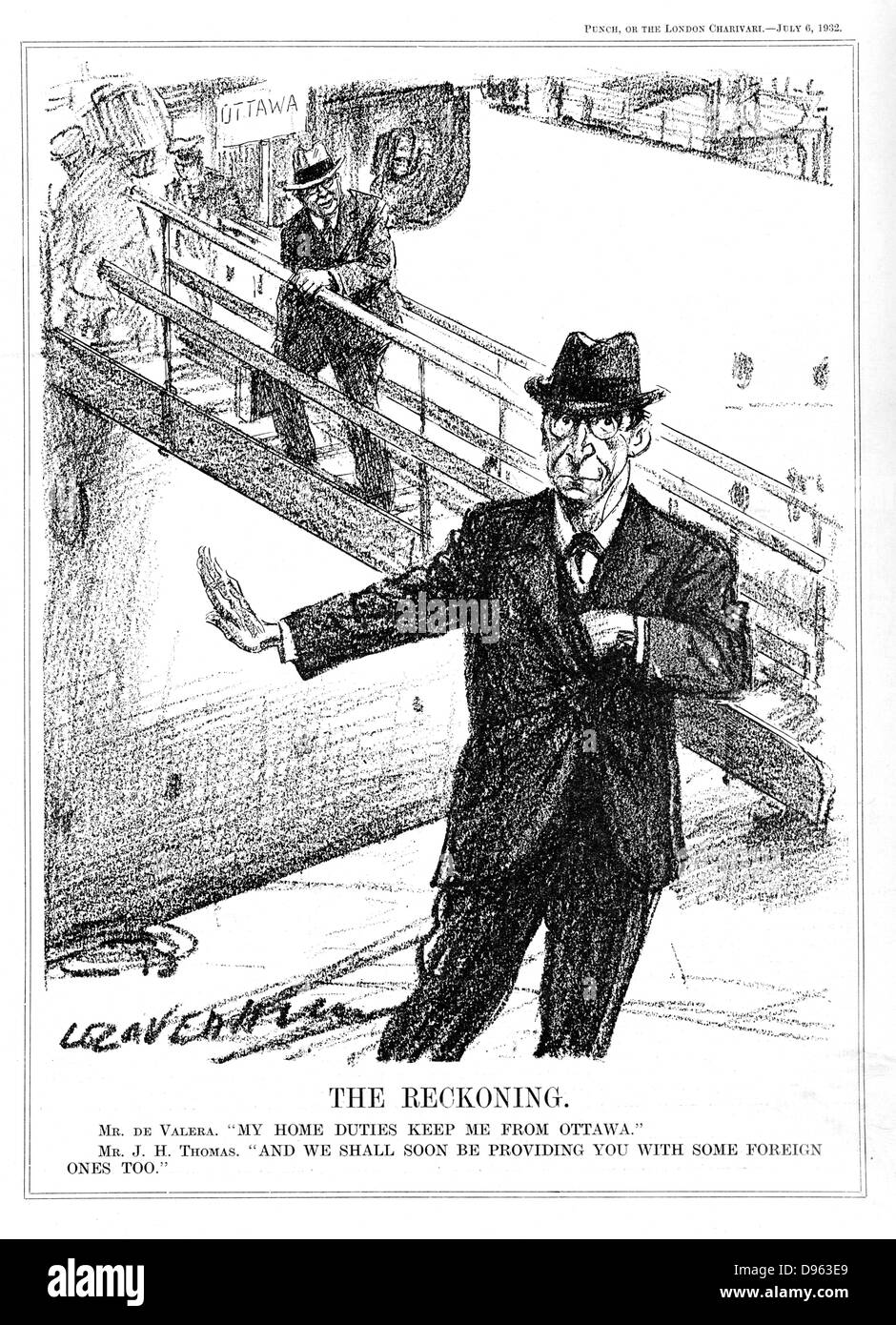 Eamon De Valera (1882-1975) American-Born Irish Staatsmann, sinken die Möglichkeit, die Konferenz von Ottawa über tarriffs zu sorgen, weil Oh seine Pflichten zu Hause in der Irish Free State, wo er gerade an die Macht gekommen war. Karikatur von L Ravenhill von 'Lochen' (London, 6. Juli 1932). Stockfoto
