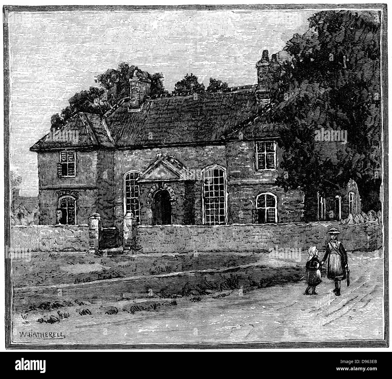 School House, Fishponds, Bristol, Geburtsort von Hannah Mehr (1745-1833). Englisch religiösen Schriftsteller und Dramatiker und Mitglied des Blauen Strumpf Kreis der gelernt, intelligente Frauen. Gravur c 1880. Stockfoto