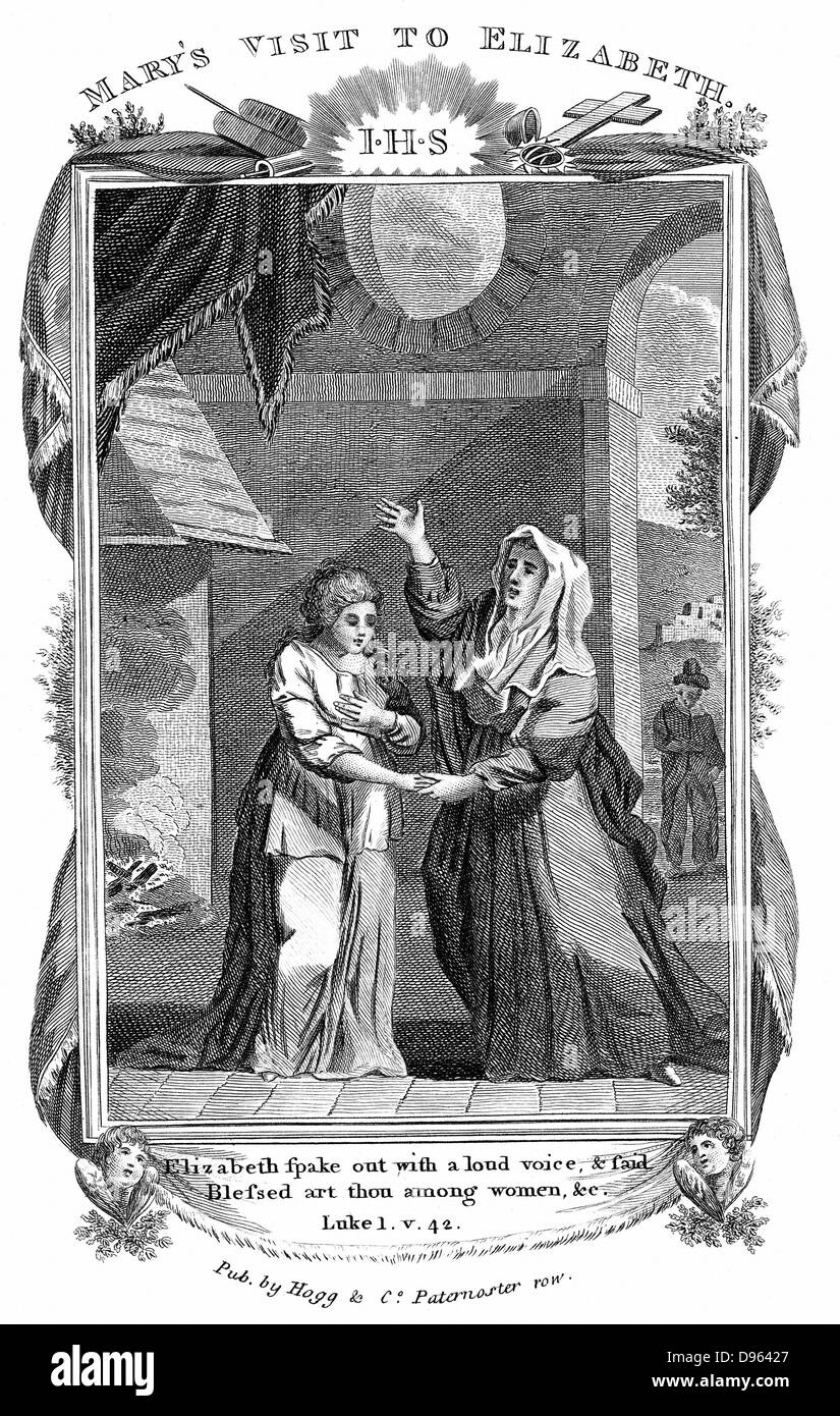 Jungfrau Maria besucht ihre Cousine Elisabeth, die fordert, "Du bist gebenedeit unter den Frauen" auf das Lernen, die Maria mit dem Sohn Gottes schwanger ist. "Bibel" Lukas 1,42. Kupferstich c 1808. Stockfoto