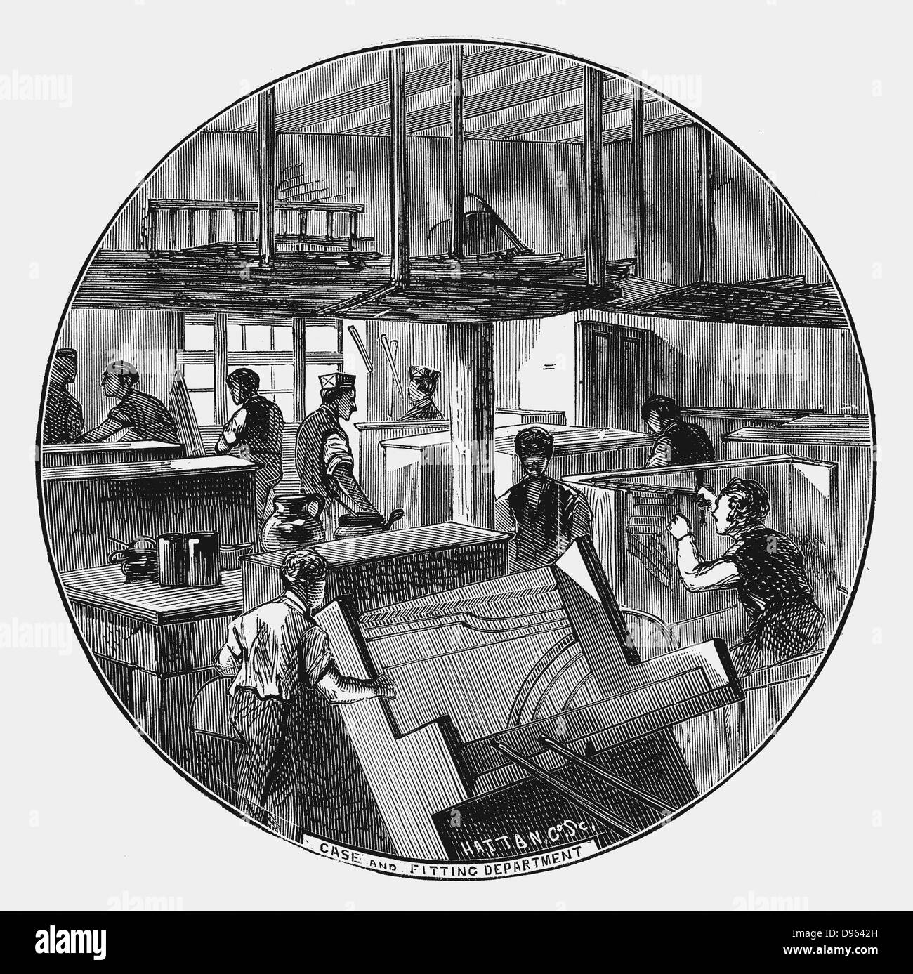 Fall und Montage-Abteilung, Chappell & Unternehmens Klavierwerke, Belmont Street, Chalk Farm Road, London. Holzstich 1870 Stockfoto