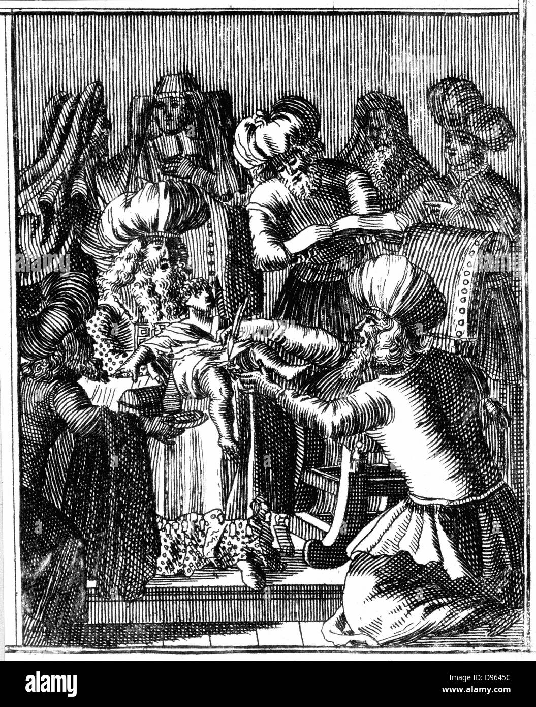 Zeremonie der Beschneidung. Von Jan Leusden "Philogus Hebraeo-Mixtus", Basel, 1739 (Erstausgabe 1663). Gravur. Stockfoto