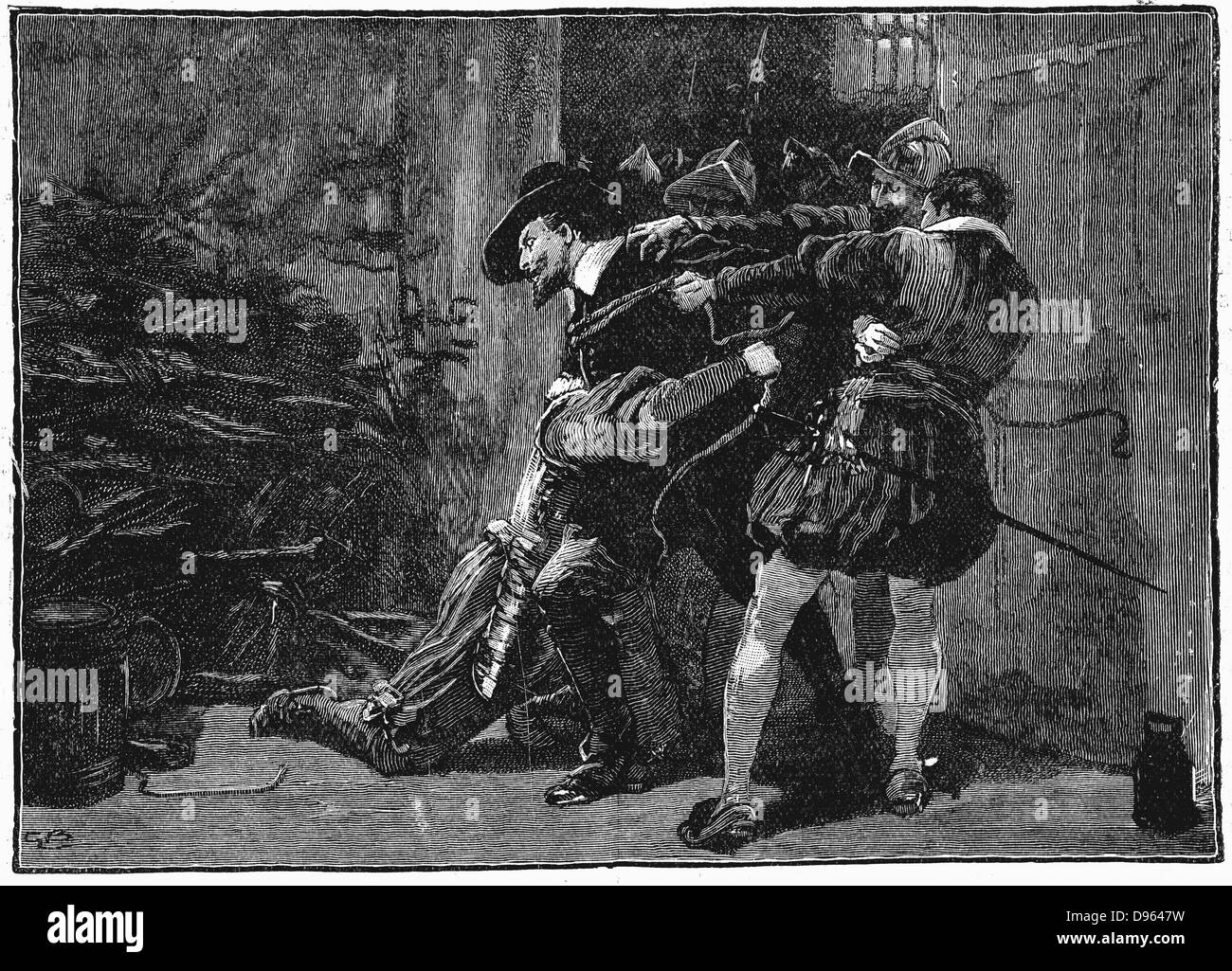 Gunpowder Plot, Römisch-katholischen Verschwörung bis zu Englischen Häusern des Parlaments am 5. November 1605 Schlag, als James I durch neue Sitzung zu öffnen. Festnahme von Guy Fawkes in den Kellern des Parlaments. 19. jahrhundert Holzstich. Stockfoto