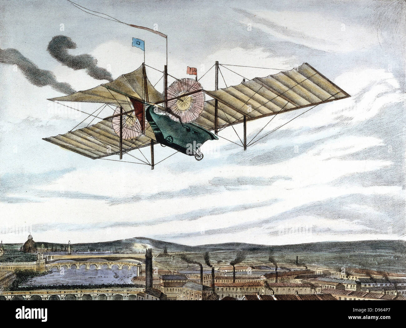 Henson und Stringfellow's 1843 Design für Dampfgetriebenen Flugmaschine. Webbed Schwanz 15,24 m und darunter ein Ruder. Dampfmaschine im Auto fuhr zwei Flügel (rosa) von 6.09 m Durchmesser. Flügelfläche 418.064 m2. Lithographie, London, 1843. Stockfoto