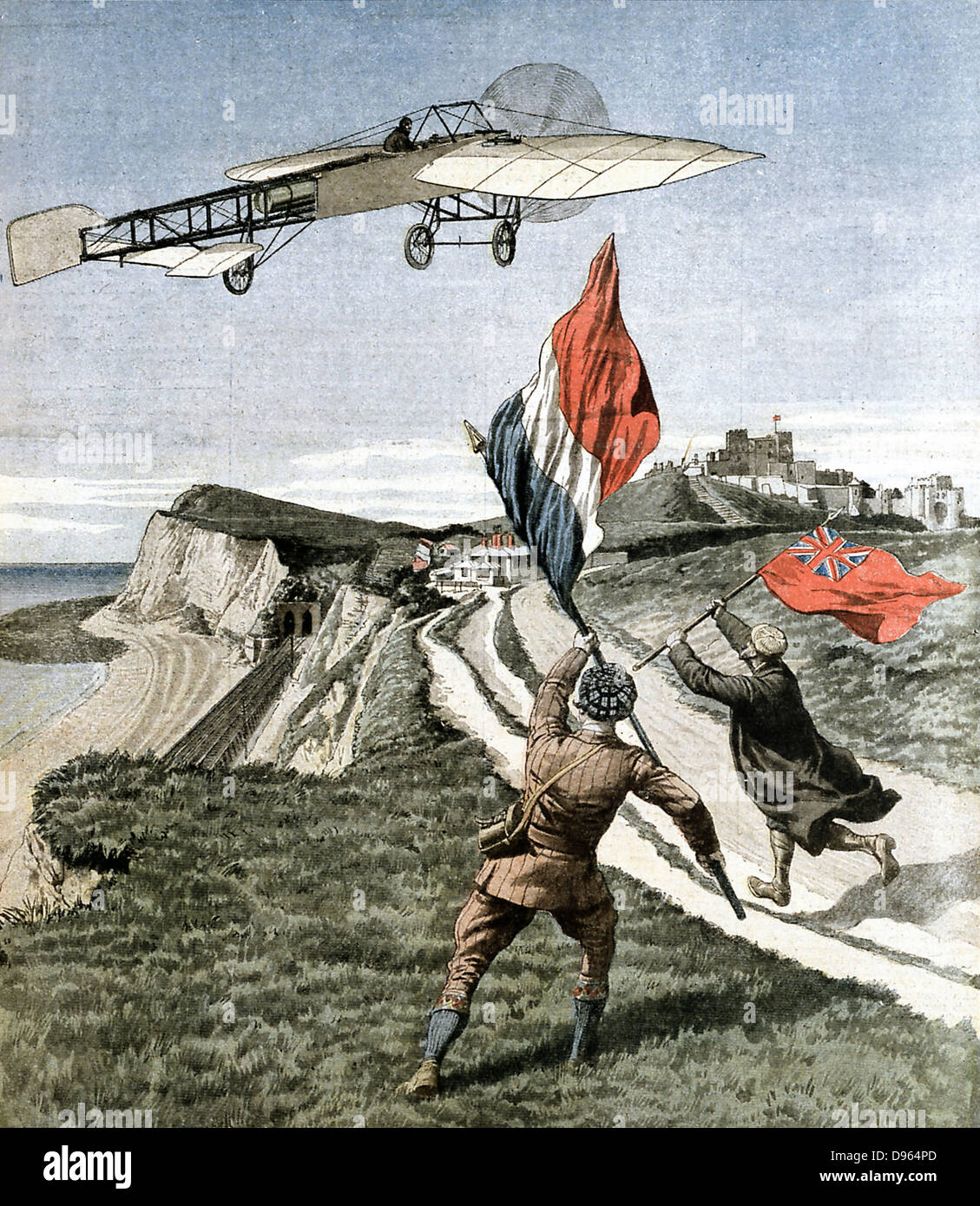 Louis Bleriot (1872-1936), französischer Flieger, fliegt über die Klippen von Dover nach dem Ärmelkanal von Les Boraques in der Nähe von Calais, Frankreich, in seinem eindecker Bleriot XI. am 25. Juli 1909. Abbildung aus dem Französischen "Le Petit Journal", Paris, 8. August 1901. Stockfoto