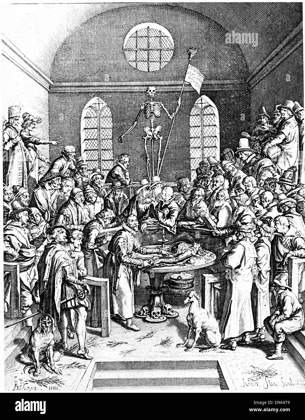 Ende des 16. Jahrhunderts Anatomie Theater von Jacques de Gehyn der Ältere. Aus dem Niederländischen übersetzt von Vopiscus Plemp der Barthelemy Cabrol ' Anatomische Alphabet", Amsterdam, 1633. Gravur. Stockfoto