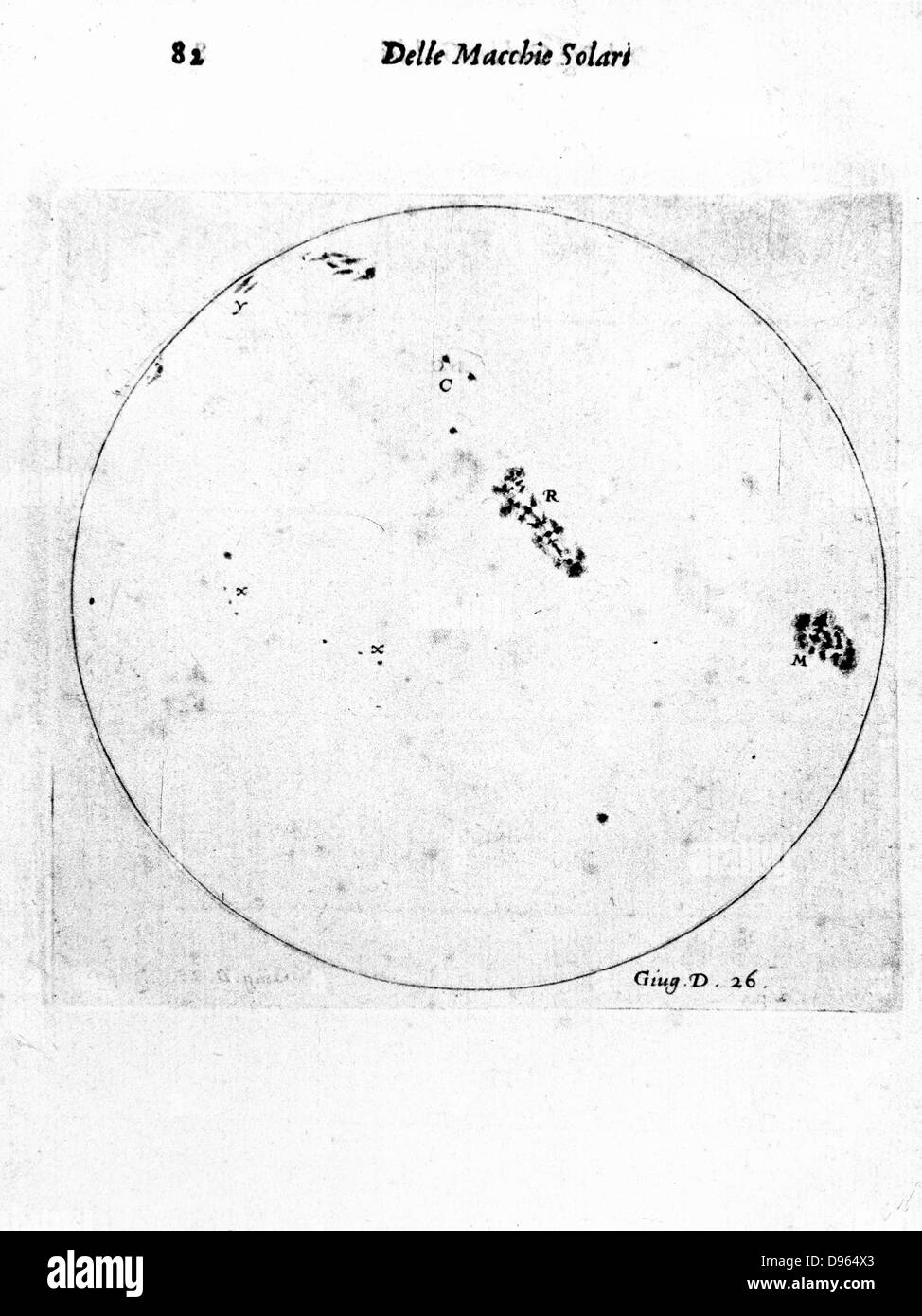 Galileos Beobachtung von Sonnenflecken.  Von Galileo Galilei "Istoria" Rom 1613. Gravur Stockfoto