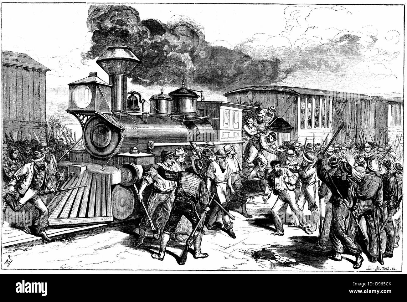 Riot von Eisenbahner bei Martinsbury auf die Baltimore und Ohio Railroad. Arbeiter streikten, wenn die Unternehmen die Löhne senken. Holzstich, Paris, August, 1877. Stockfoto