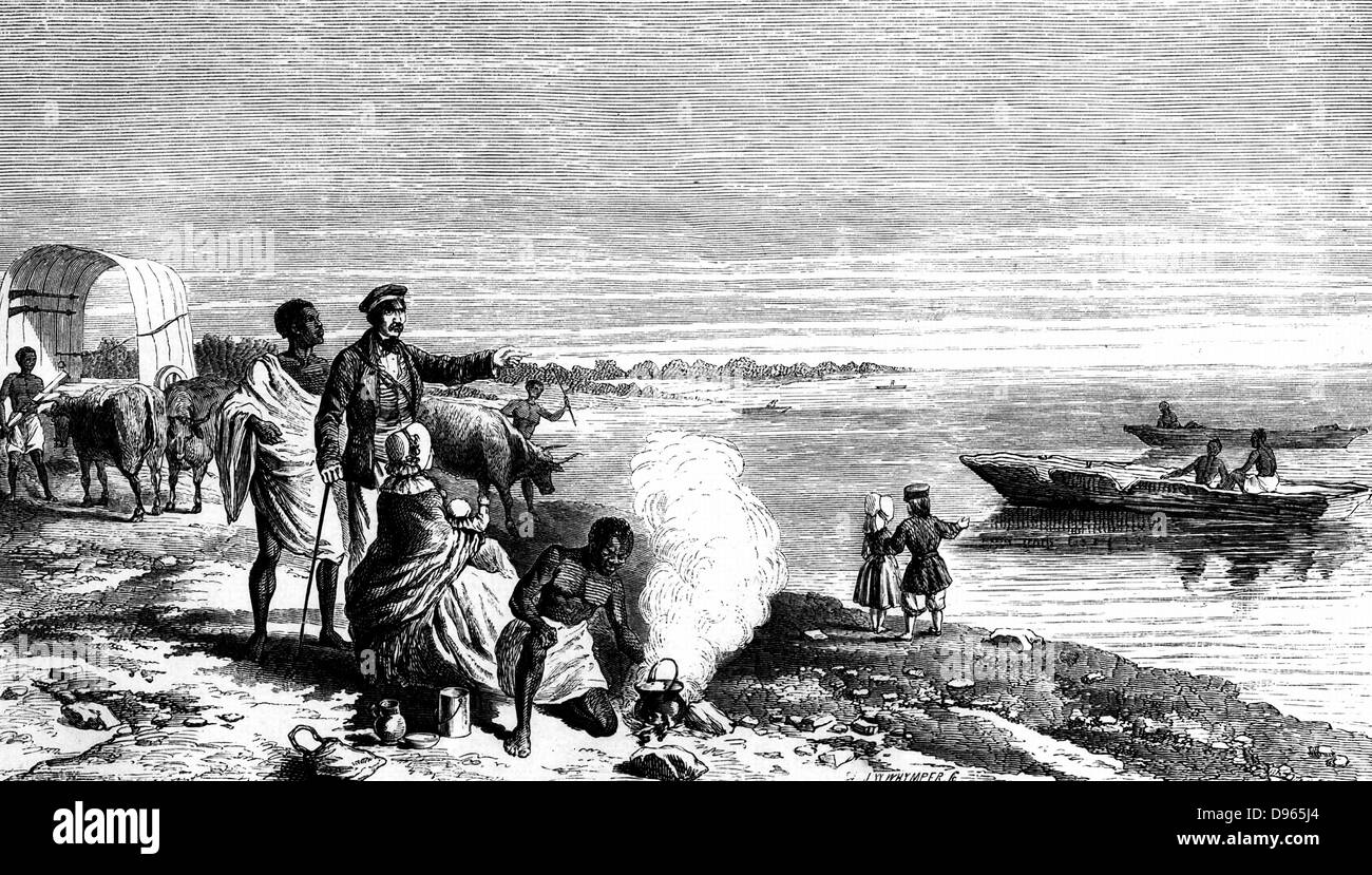 David Livingstone (1813-1873) Schottischer Missionar und Afrikanischen Explorer, mit Mitgliedern seiner Expedition und seine Frau und Familie entdecken See ergiessende Okawango, Botswana auf. l August 1849. Gravur nach Zeichnung auf der Stelle von Alfred Ryder. Von 'Missionary Reisen und Forschungen in Südafrika" von Daivd Livingstone (London, 1815). Gravur. Stockfoto