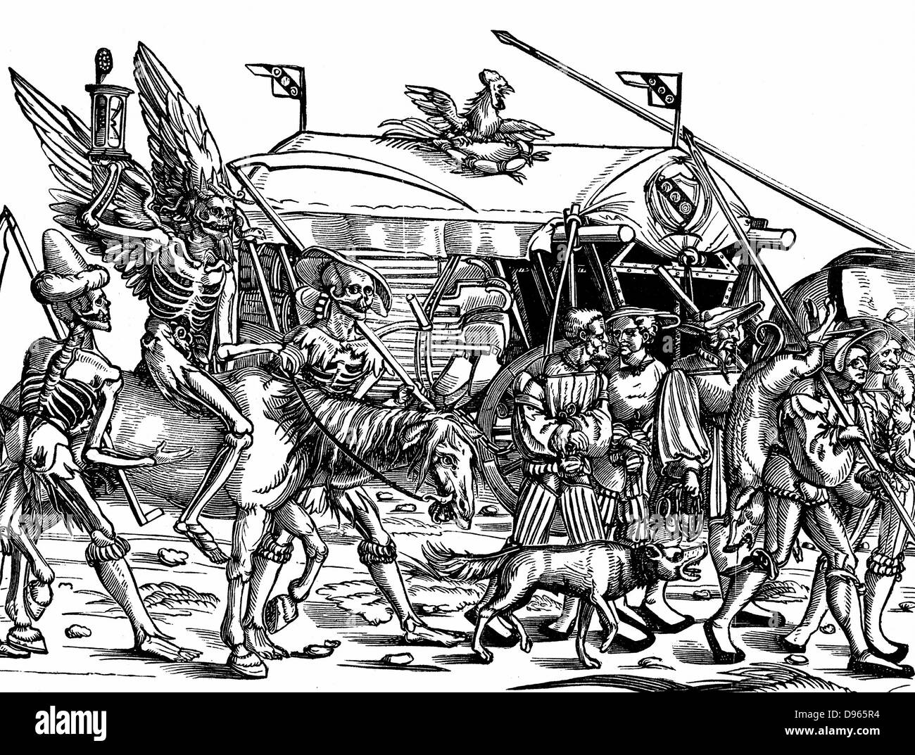 Der Tod'. Allegorische Drucken der Krieg nach dem deutschen Maler und Kupferstecher Hans Sebald Beham (1500-1550). Im Hintergrund, Gepäckwagen mit Tools sappers', einschließlich Barrel explosiv. Vor, Soldaten tragen Beute Schwein sie beschlagnahmt haben. Beh Stockfoto