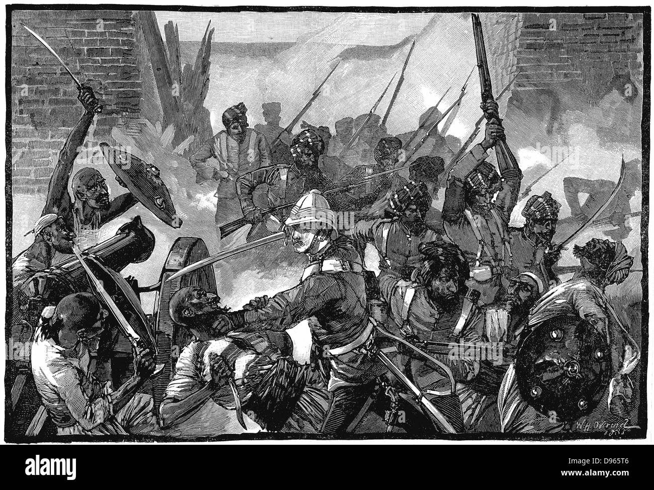 Zweite Anglo-Afghan Krieg (1878-1880): Angriff auf die britische Residency, Kabul (Kabul) und das Massaker an seiner Insassen einschließlich der Bewohner, Sir Louis Cavagnari, 3. September 1879. Holzstich c 1885 Stockfoto