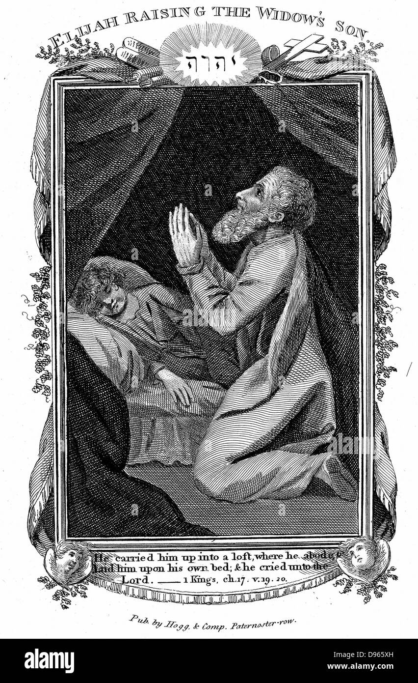 Elijah Erhöhung der Sohn der Witwe. "Bibel" 1 Könige 17.19, 20. Kupferstich-Gravur-c1808 Stockfoto