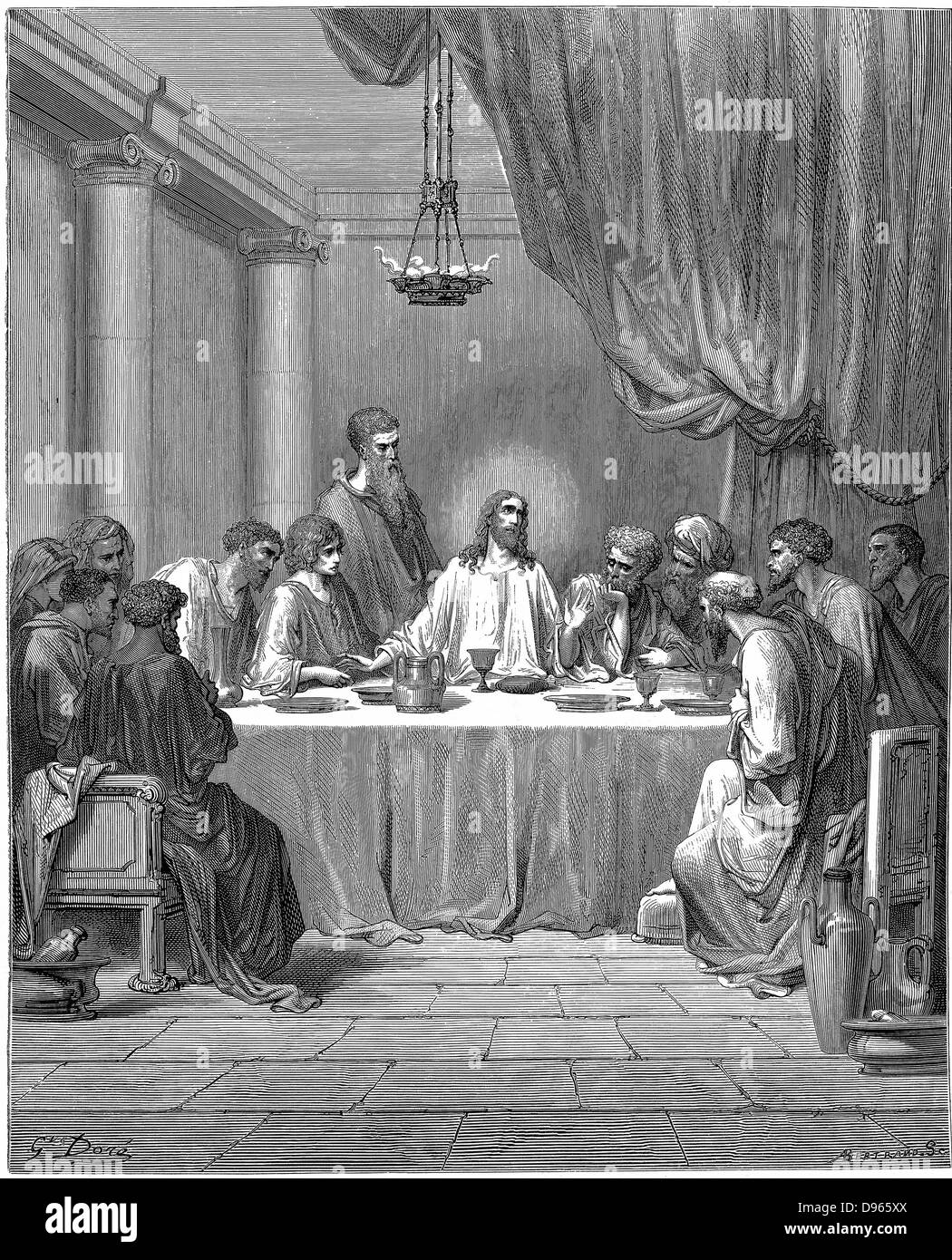 Jesus und seinen Jüngern beim letzten Abendmahl. Kennzeichnen Sie 14:22. Von Gustave Dore "Bibel", 1866. Holzstich Stockfoto