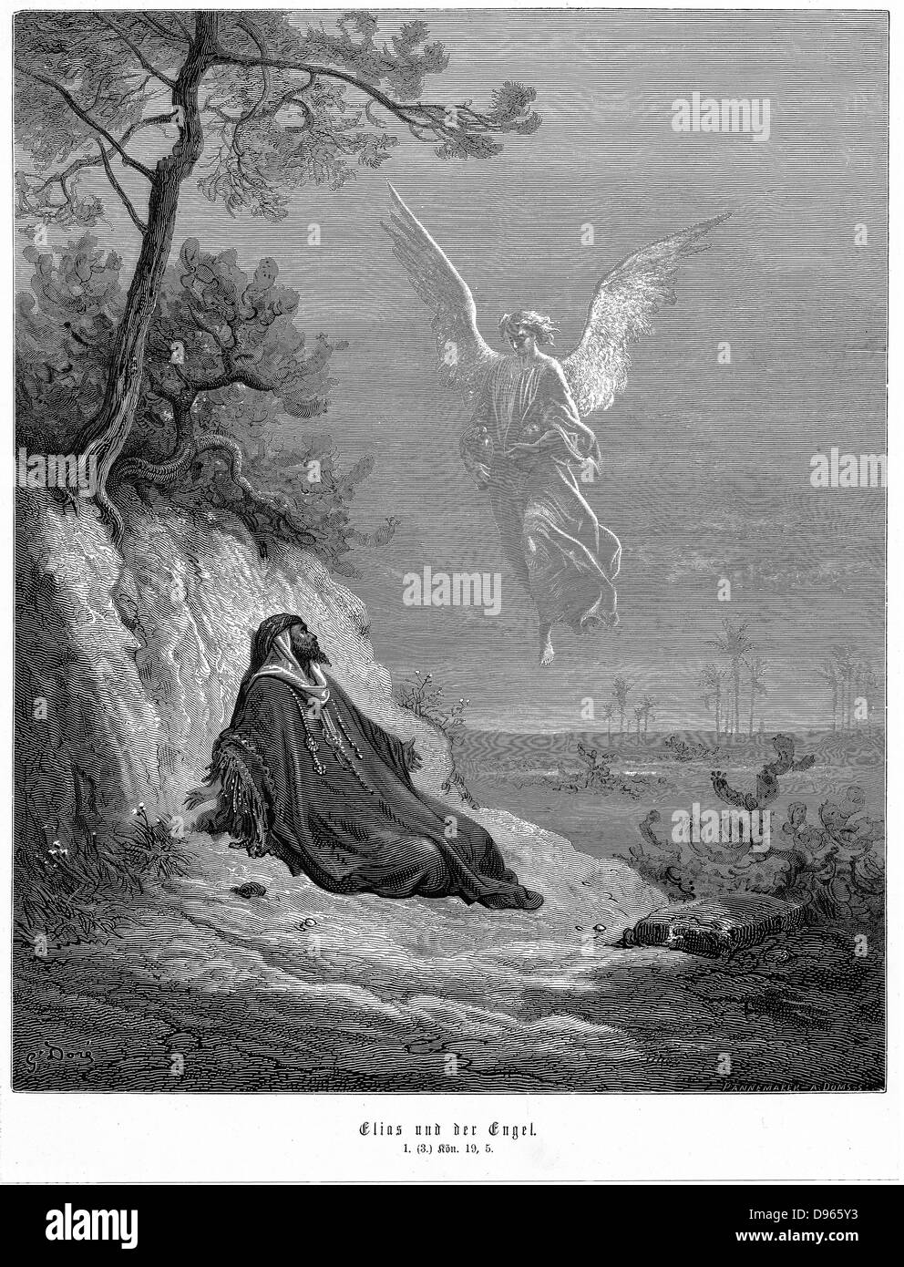 Elia geht in die Wüste und fragt zu sterben, aber Engel kommt und ihn "Steh auf und iss'. Bibel 1 Könige 19,5. Von Gustave Dore "Bibel" 1865-1856. Holzstich Stockfoto