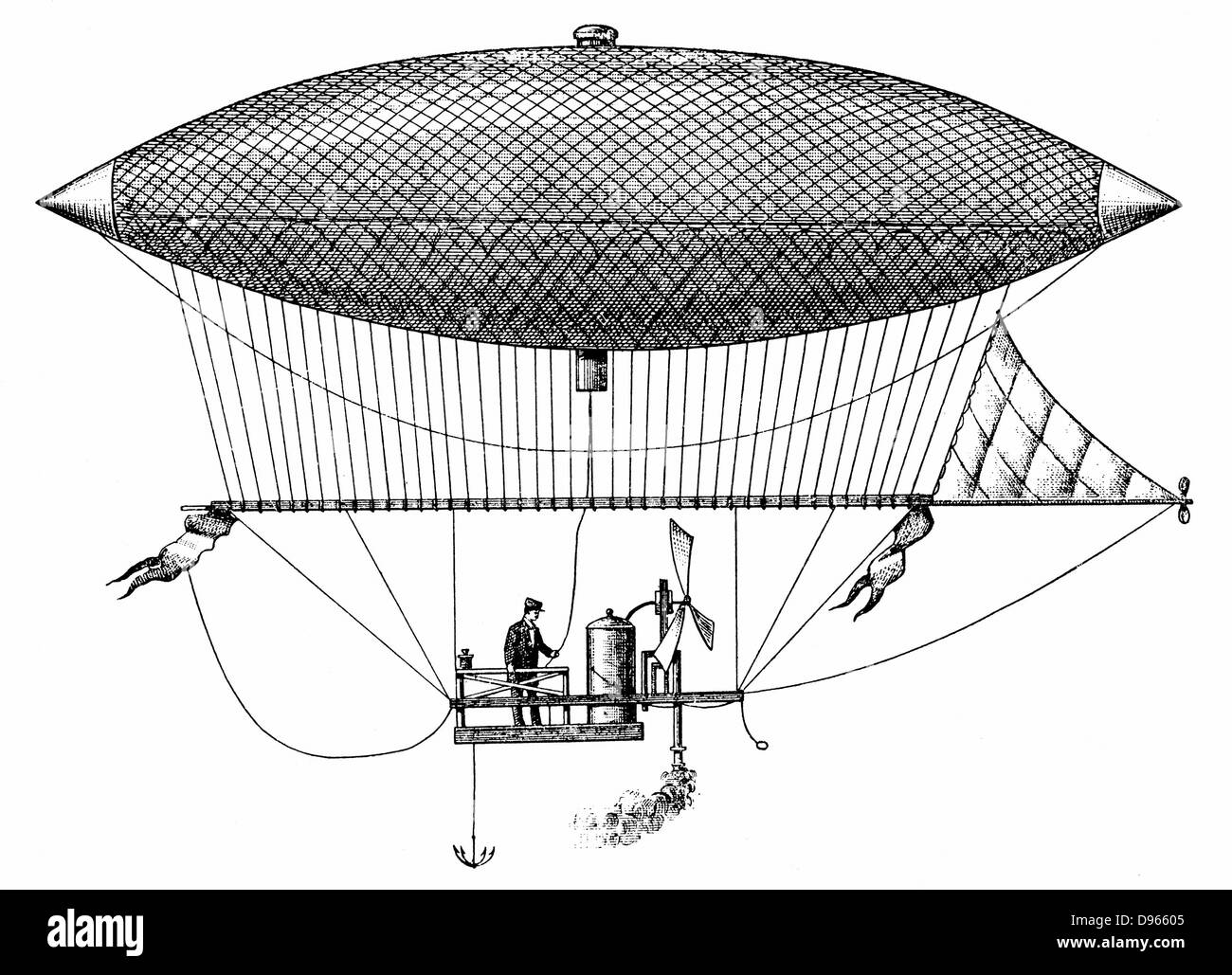 Henri Giffards (1825-1882) lenkbare Luftschiff von 1852, das erste Luftschiff. Kupferstich von 1903. Stockfoto