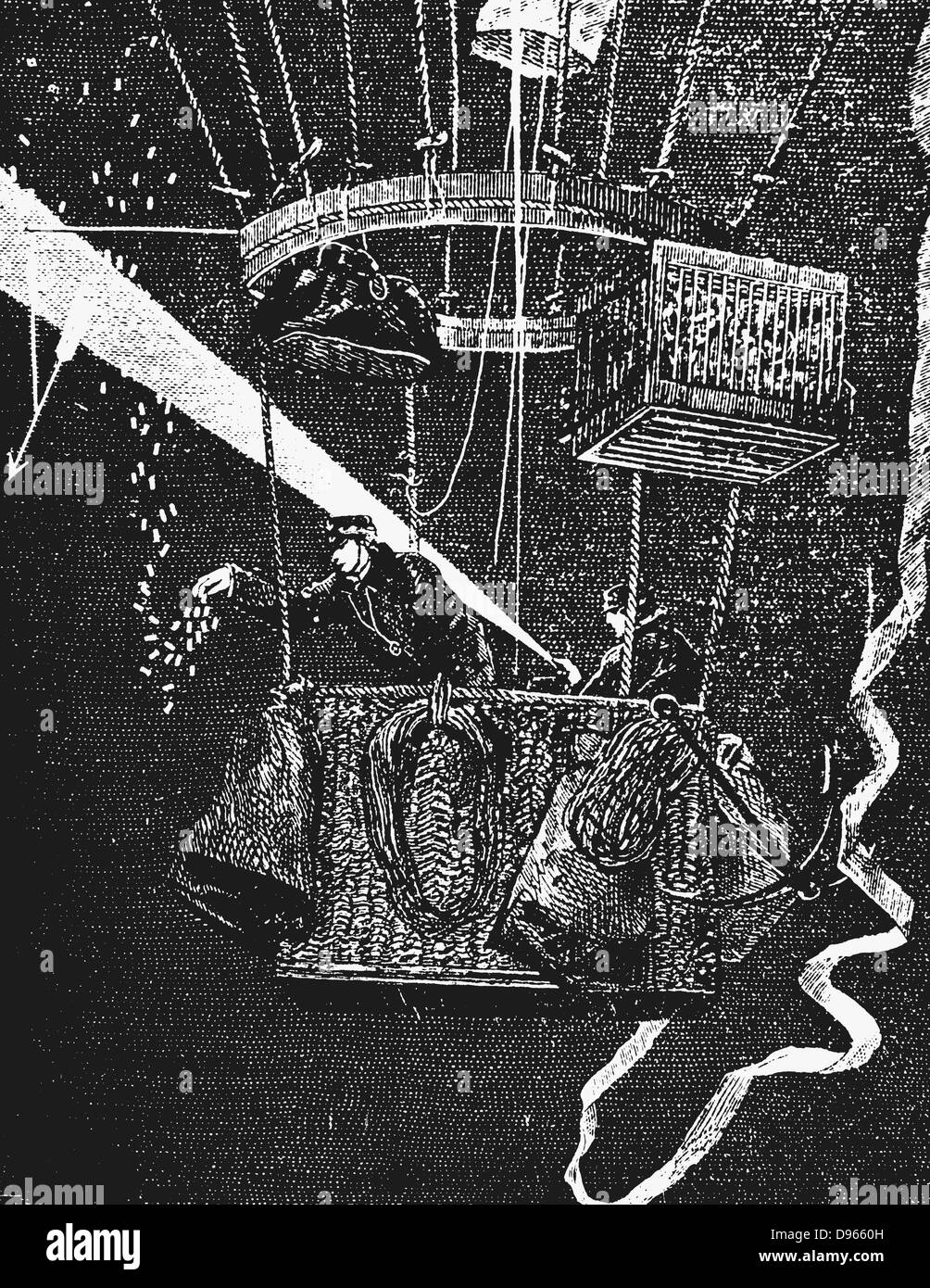 Ballon "Ville d'Orleans' nach dem Verlassen des Gare du Nord in der Nacht, 24. November 1870, während der Belagerung von Paris im Deutsch-Französischen Krieg. Käfig oben rechts im Bild enthält Brieftauben, die verwendet würden, um Nachrichten zurück zu belagerten Stadt zu tragen. Stockfoto
