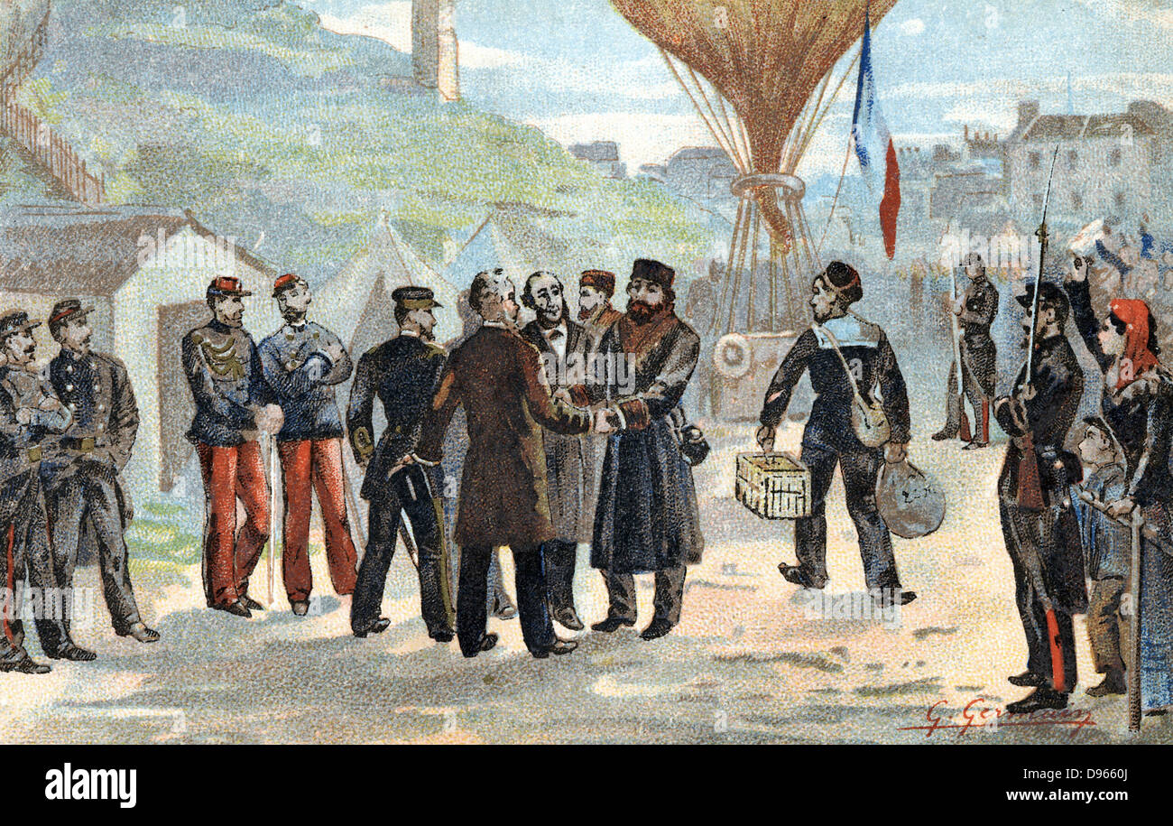 Deutsch-französischen Krieg 1870-1871: Leon Gambetta (1838-1882), französischer Republikanischer Politiker (in Hut, Mitte) über nach Paris für Touren durch Ballon belagerten entkommen, 7. Oktober 1870. Diktator von Frankreich für 5 Monate. Chromolithograph veröffentlicht Paris 1890. Stockfoto