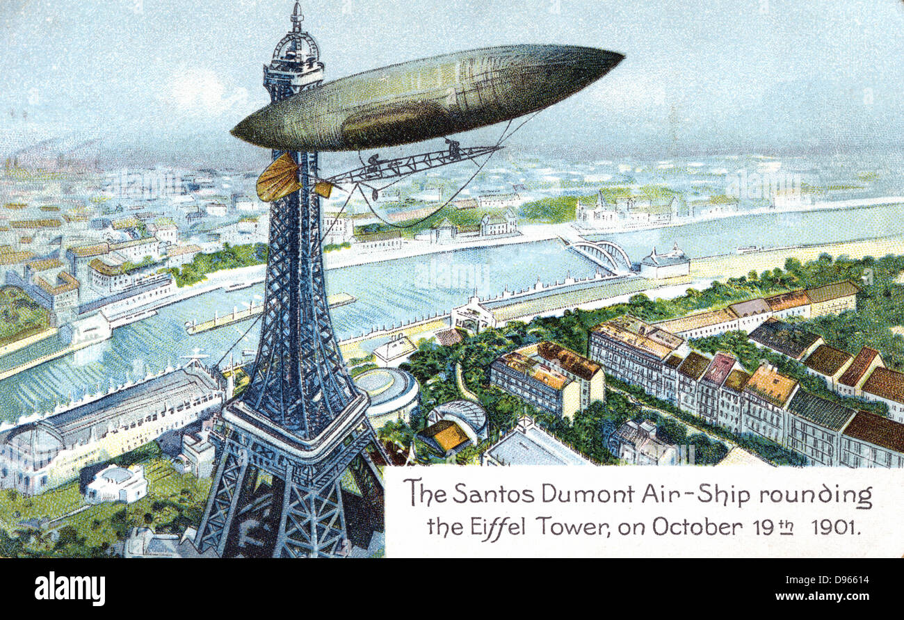 Alberto Santos-Dumont (1873-1932) Brasilianische Pionier der Luftfahrt. Hier in seinem Luftschiff (lenkbar) Nr. 6 Runden der Eiffelturm, Paris, beim Gewinnen der Deutsch-Preis, 19. Oktober 1901. Ab Serie von Postkarten über Luftfahrt veröffentlicht. c 1910. Chromolithograph. Stockfoto