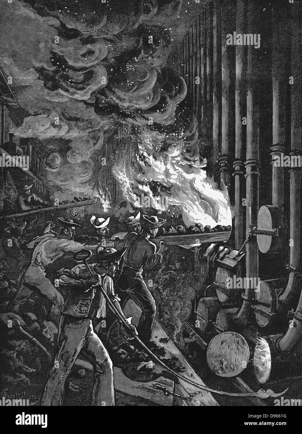 Aufladen der schlagfertigen Erwiderungen auf die beckton Gaswerk, London, Eigentum des Chartered Gaslight und Coke Company. Von der "Illustrated London News", 2. November 1878. Holzstich. Stockfoto