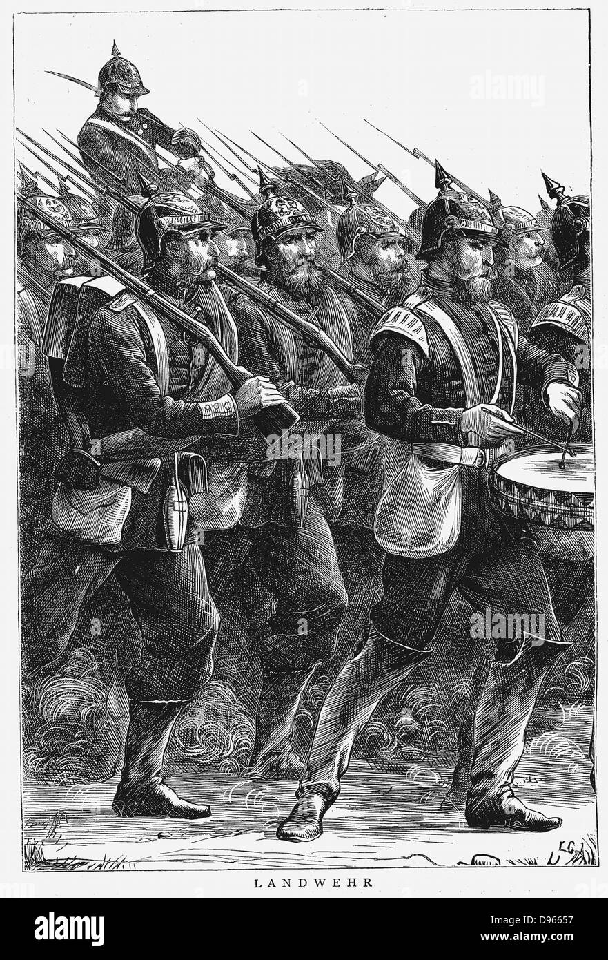 Deutsch-französischen Krieg 1870-1871. Eine Landwehr Regiments der preußischen Armee im März unter der Leitung von Schlagzeuger. Holzstich, September 1870. Stockfoto