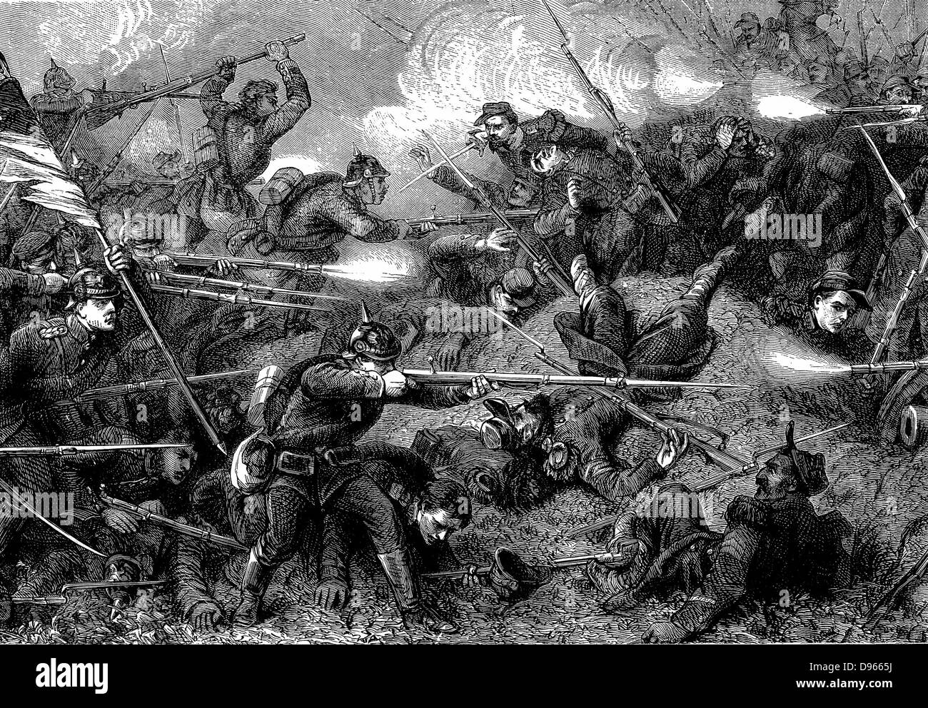 Deutsch-französischen Krieg 1870-1871: Schlacht von St Quentin, Januar 1871. Hand-auf-Hand kämpfen zwischen Französischen (rechts) (links) und preußischen Truppen. Holzstich c 1880. Stockfoto