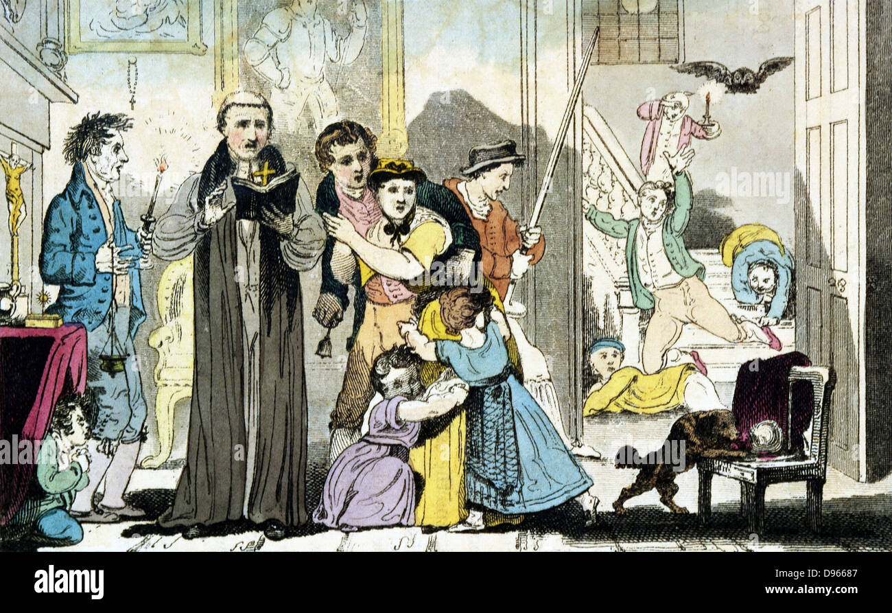 Exorzismus von Bell, Book and Candle. Geistlicher liest Gebet durch Licht statt für ihn durch den Menschen, die zitternd vor Terror, während der Rest der Charaktere vor Angst erschaudern oder Wäschetrockner im Erdgeschoss in Panik. Abbildung, London, 1816 Stockfoto