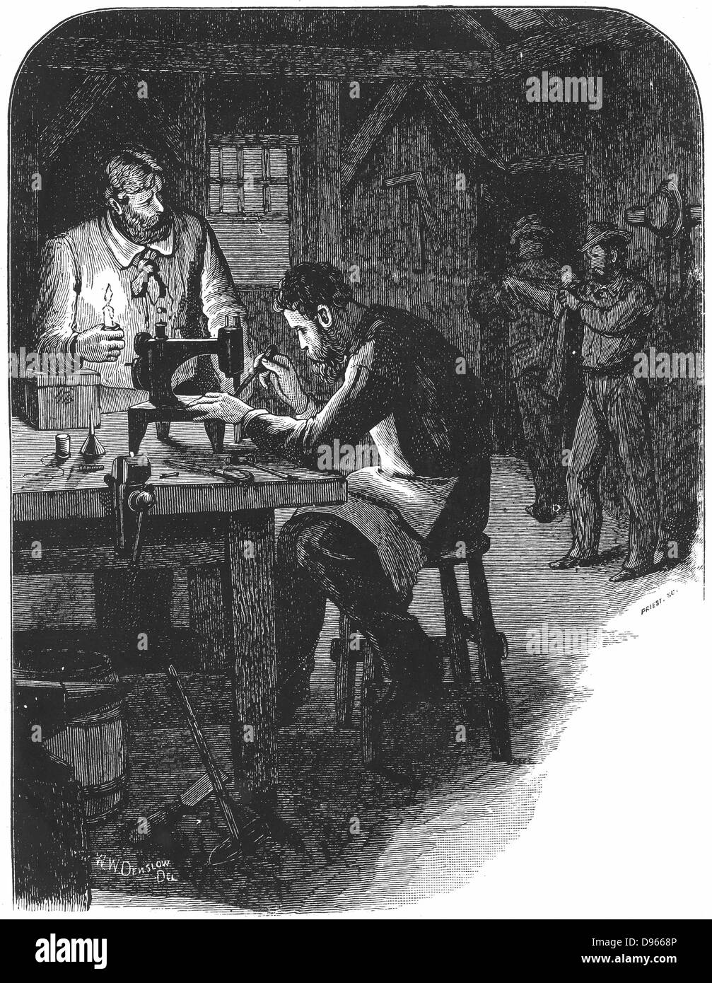 Isaac Merrit Singer (1811-1875), US-amerikanischer Erfinder, während sein Freund George Zieber die Kerze hält, Einstellen der Spannung auf seine Nähmaschine in einem letzten verzweifelten Versuch, um es Arbeit zu bilden (August/September 1850). Patentierte Maschine 1851. Von "Genius belohnt oder die Geschichte der Nähmaschine", New York, 1880. Stockfoto