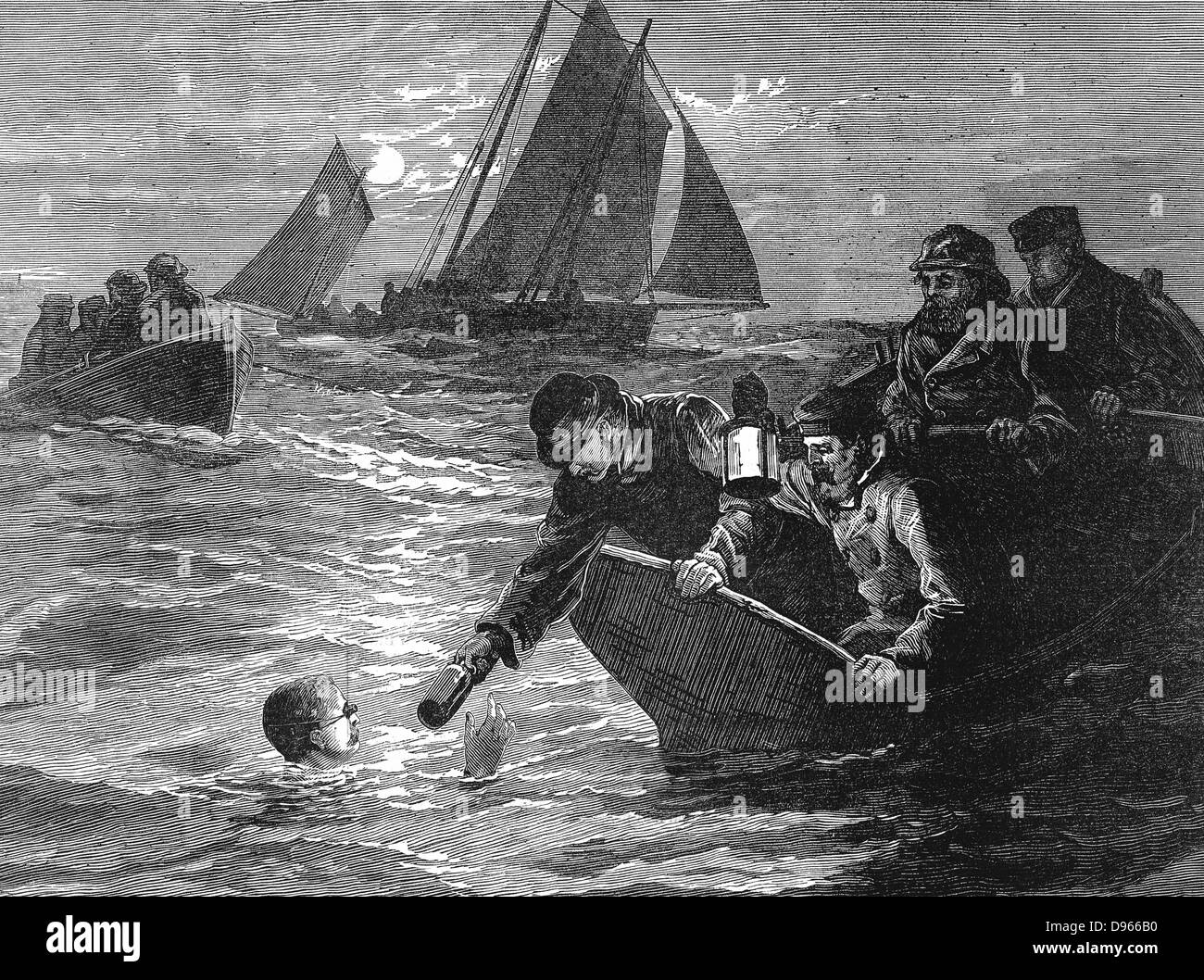 Kapitän Matthew Webb (1848-1883) Englisch Schwimmer. Der erste Mann der Englische Kanal, um zu schwimmen, 24-25 August 1875. Nahm 21 3/4 Stunden überqueren von Dover nach Calais: Übergeben Unterhalt von seiner Unterstützung Boot. Holzstich, 1875. Stockfoto