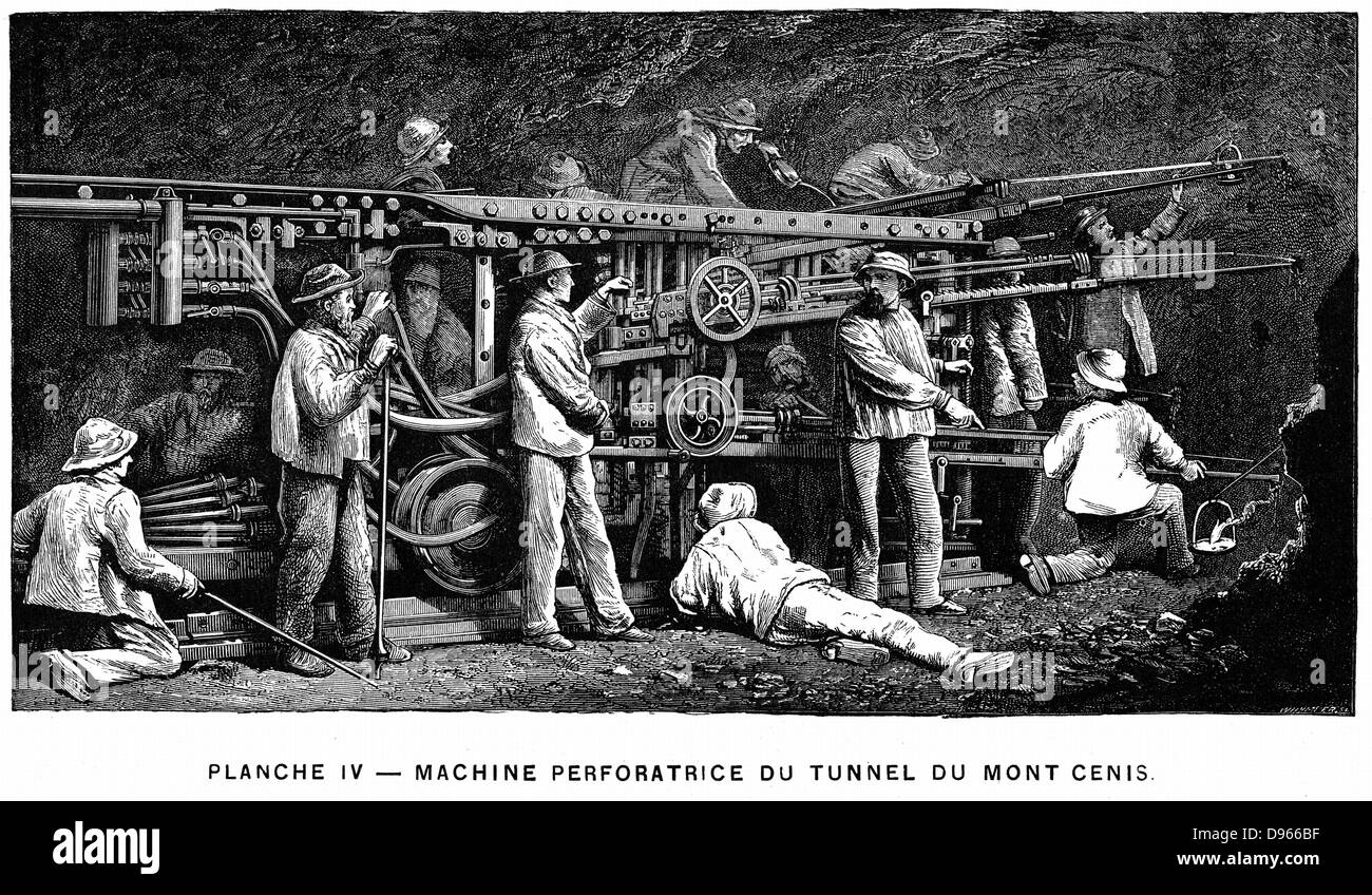 Germain Sommeiller's (1815-1871) Druckluft rock Drill in der Mont Cenis und St Gothard Eisenbahntunnels verwendet. Sommeiller Ingenieur von Mont Cenis Tunnel. Holzstich, Paris, 1874 Stockfoto