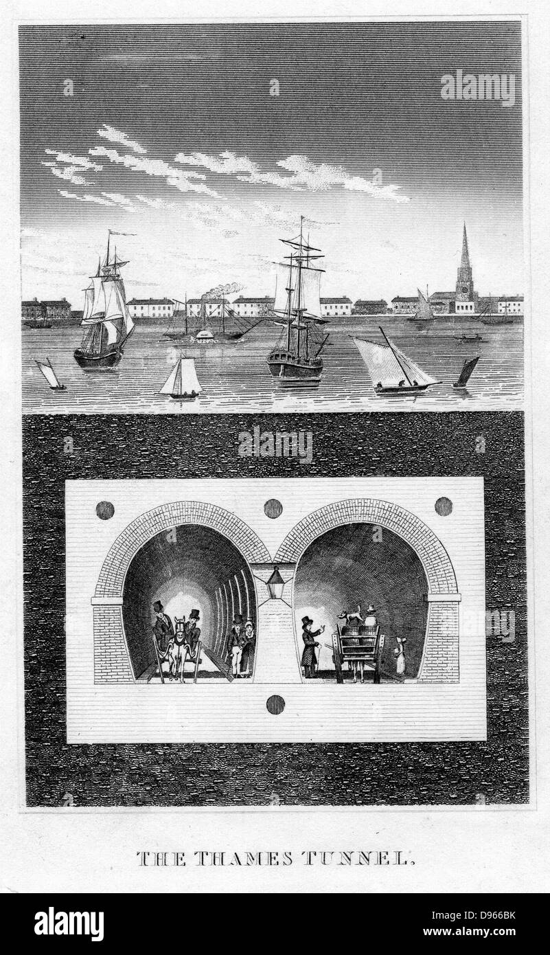 Querschnitt an, Position der doppelten gewölbtes Mauerwerk Marc Isambart's Brunel Tunnel in Bezug auf die Themse. Gebaut 1825-1843, noch durch elektrische Züge verwendet. Isambard Kingdom Brunel fungierte als Techniker vor Ort. Gravur. Stockfoto