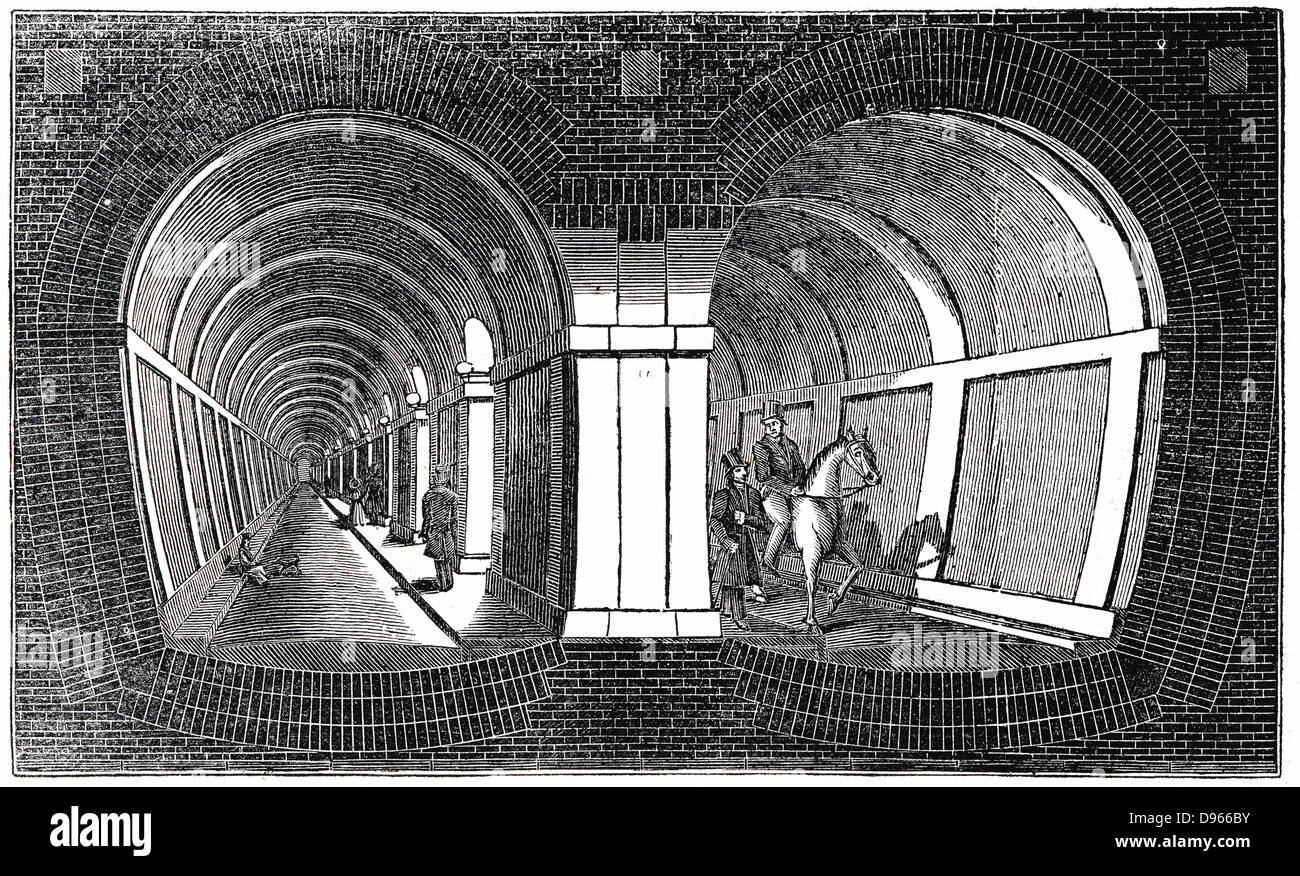 Querschnitt an, Eindruck von Marc Isambart's Brunel doppelt gewölbte Mauerwerk Thames Tunnel gebaut 1825-1843. Ursprünglich eine Fahrbahn, es ist immer noch durch elektrische Züge zwischen Whitechapel und New Cross, London verwendet. Holzschnitt, 1832. Stockfoto