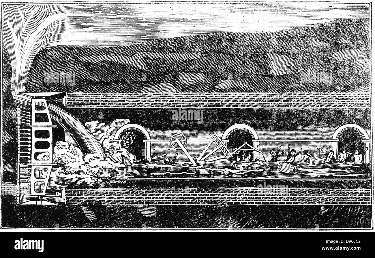Wasser durch bei der Ausgrabung von Thames Tunnel, 12. Januar 1828 zu brechen. Bei dieser Gelegenheit 6 Männer getötet, und Isambard Kingdom Brunel, Techniker, war unter anderem in der Funktionsweise, der nur knapp mit dem Leben davongekommen. Holzschnitt, London, 1836 Stockfoto