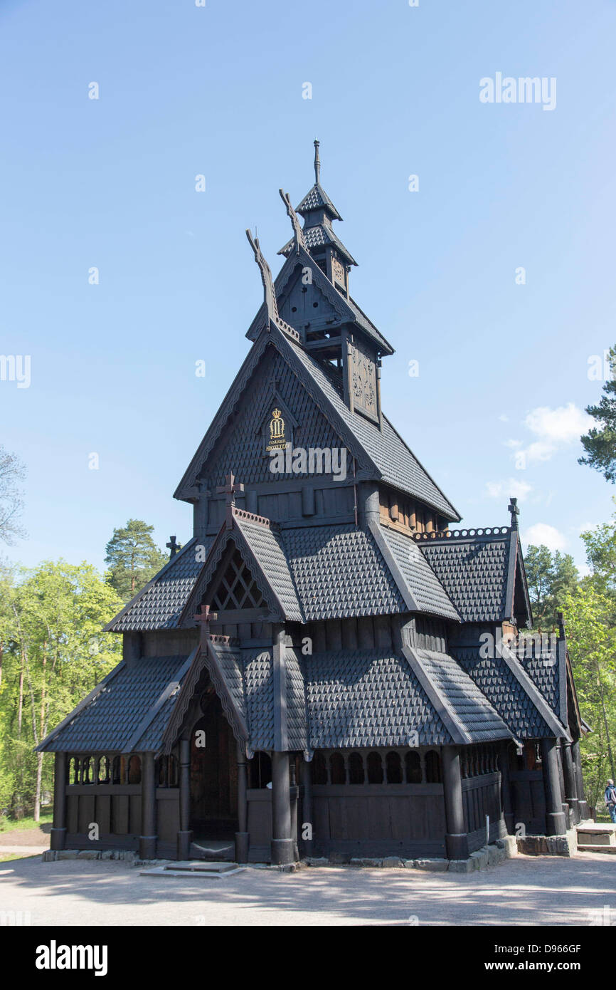 Norwegische Freilichtmuseum: historische hölzerne Stabkirche Stockfoto