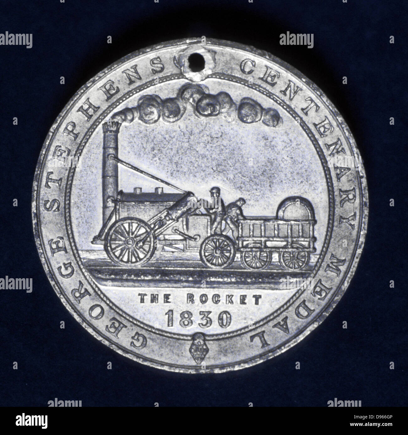 George Stephenson (1781-1848) Englischer Eisenbahningenieur. Seine Lokomotive Rakete von der Rückseite der Medaille Struck zur 100-Jahrfeier der Stephensons Geburt gedenken. Stockfoto