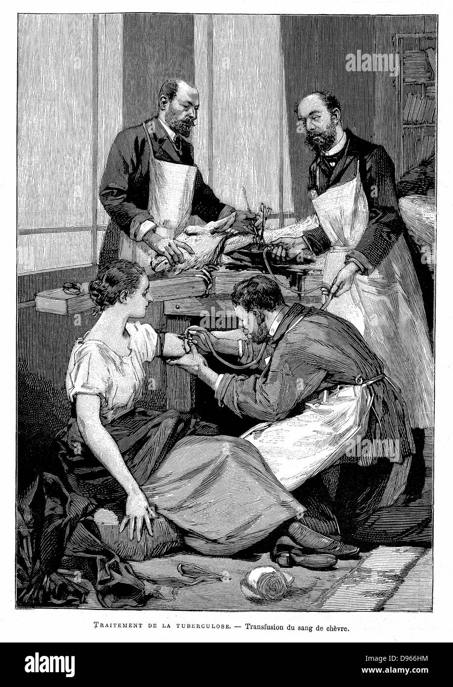 Tuberkulöse Patienten direkten Bluttransfusion von einer Ziege Klinik Dr. Bernheim gegeben. Gravur, Paris 1891. Stockfoto